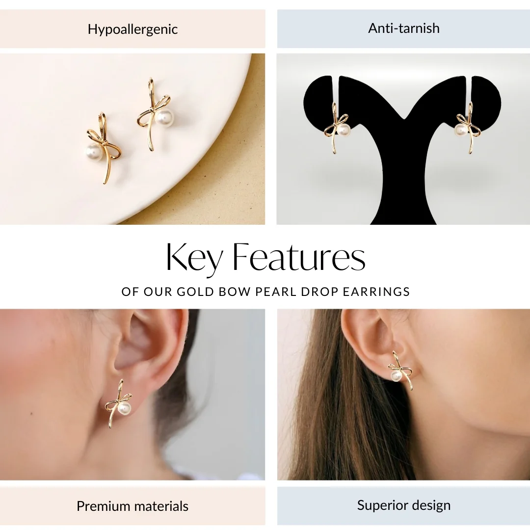 Gold Bow Pearl Drop Earrings - Image 4