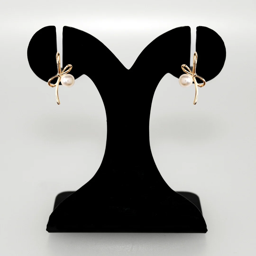 Gold Bow Pearl Drop Earrings - Image 6