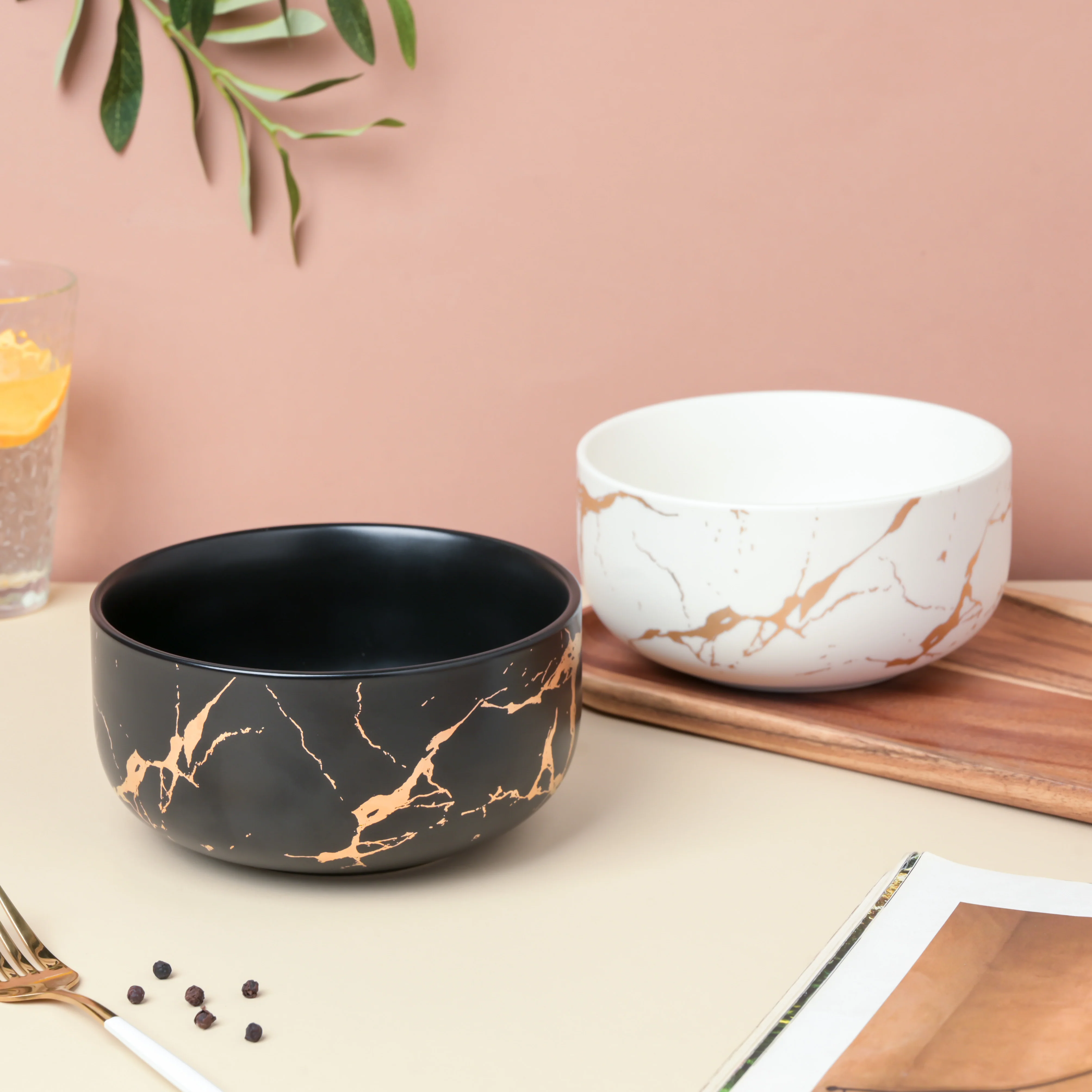 Gold Detailed Marble Ceramic Serving Bowl Black - Image 7