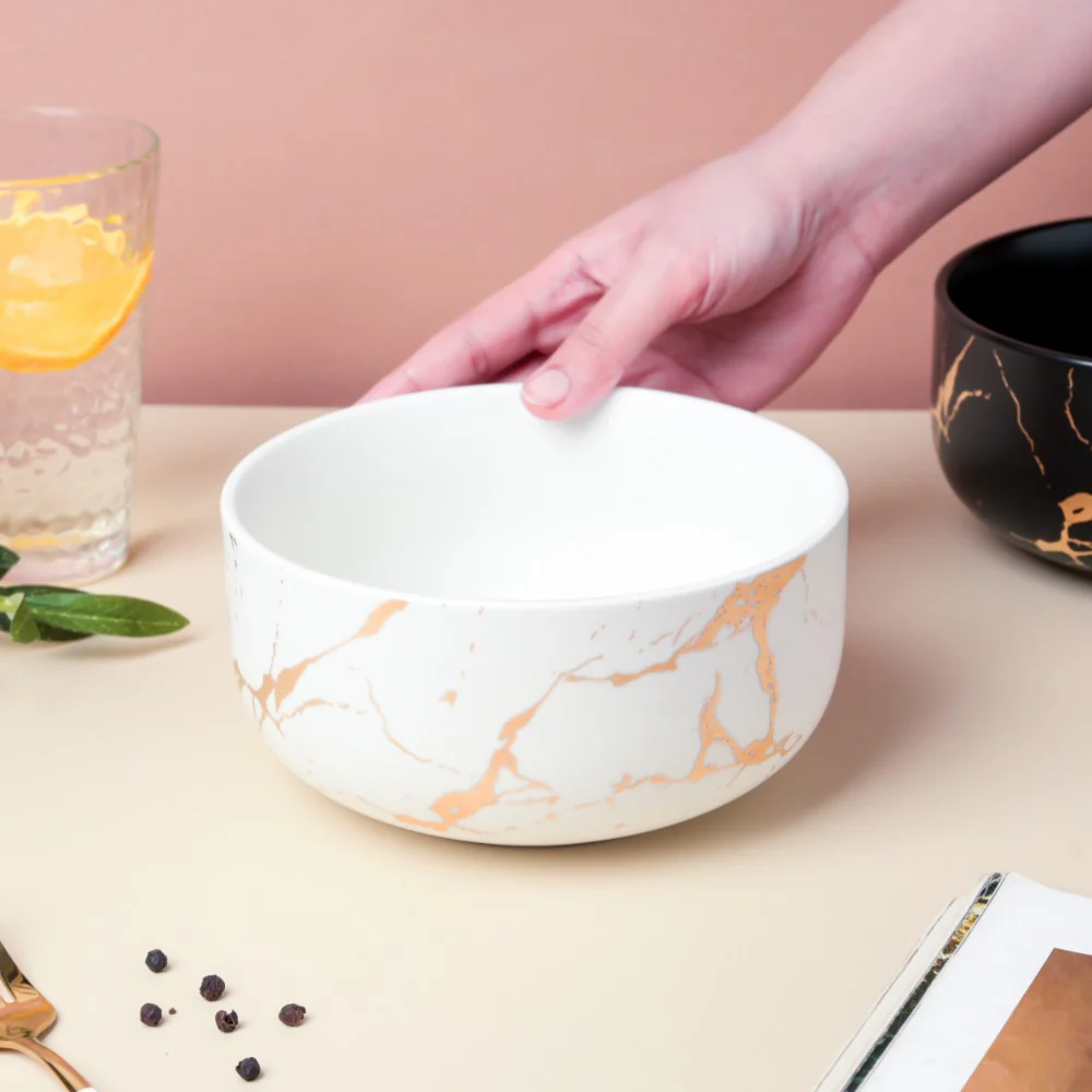 Gold Detailed Marble Ceramic Serving Bowl White - Image 2