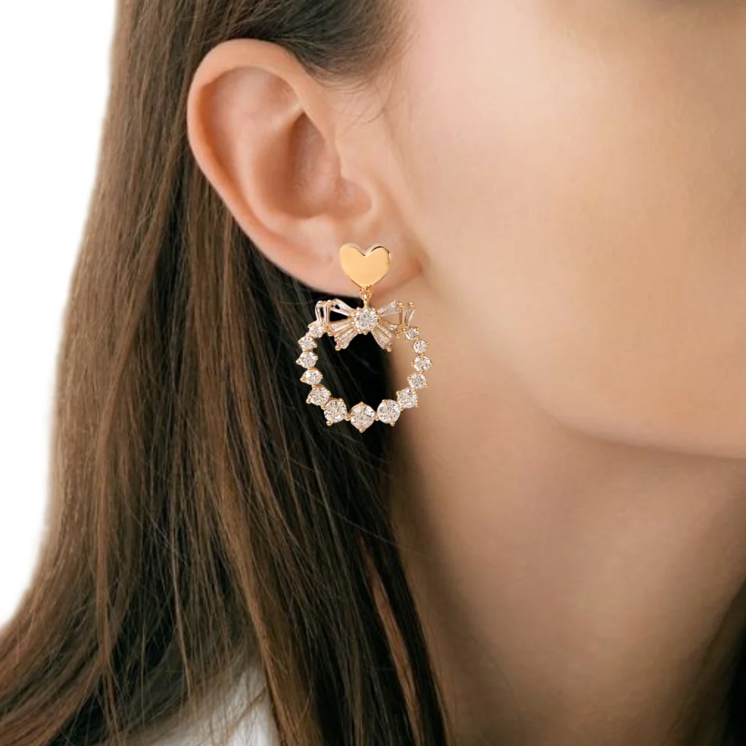 Gold Heart Wreath Dangler Earrings - Image 2