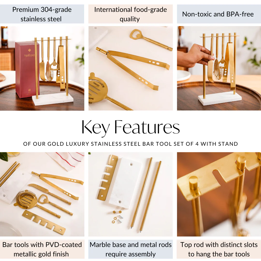 Gold Luxury Stainless Steel Bar Tool Set Of 4 With Stand - Image 5