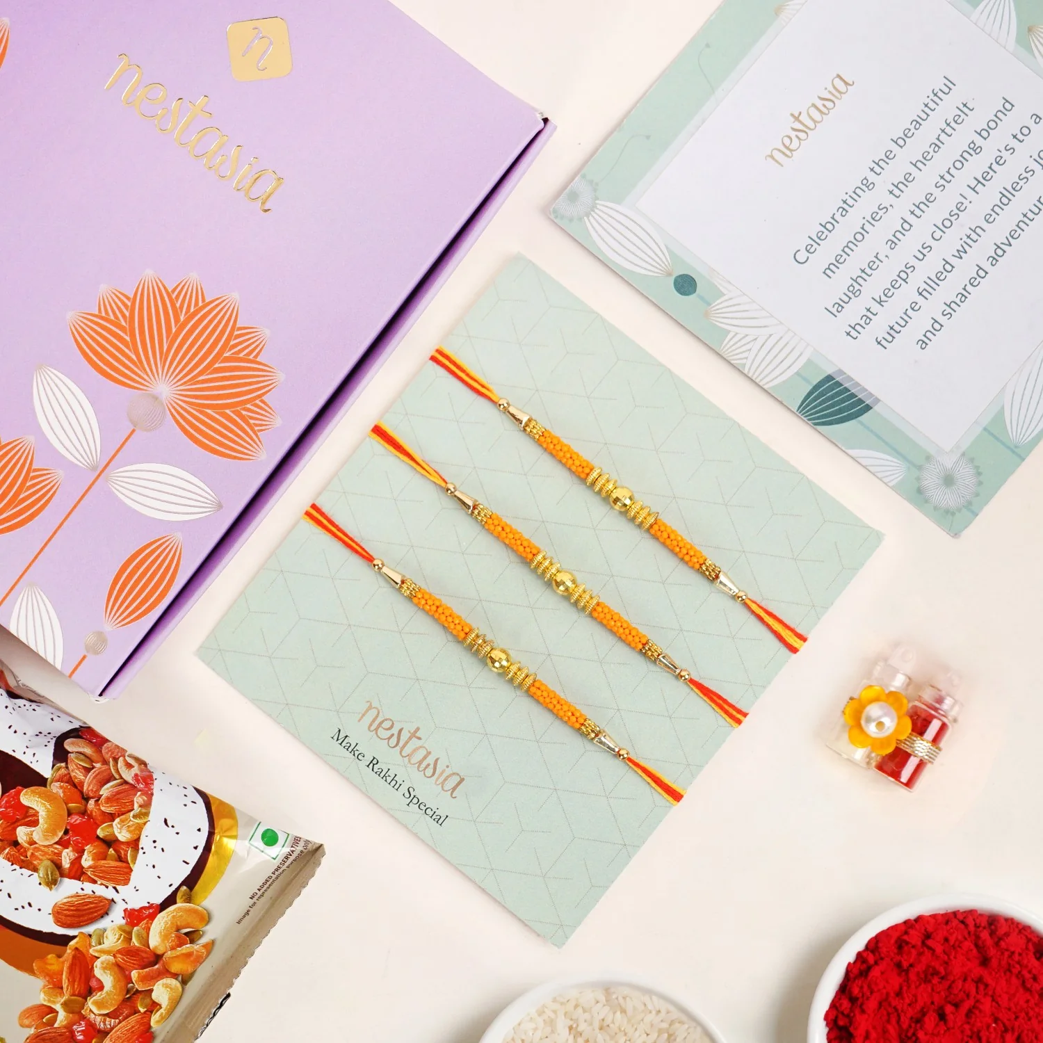 Golden Beads Orange Rakhi Gift Set - Image 2