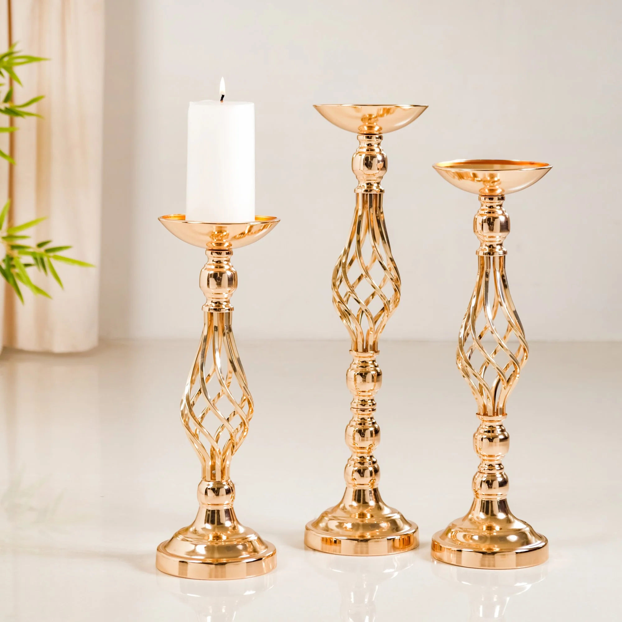 Golden Tall Floor Candle Stand Set Of 3 Large - Image 12