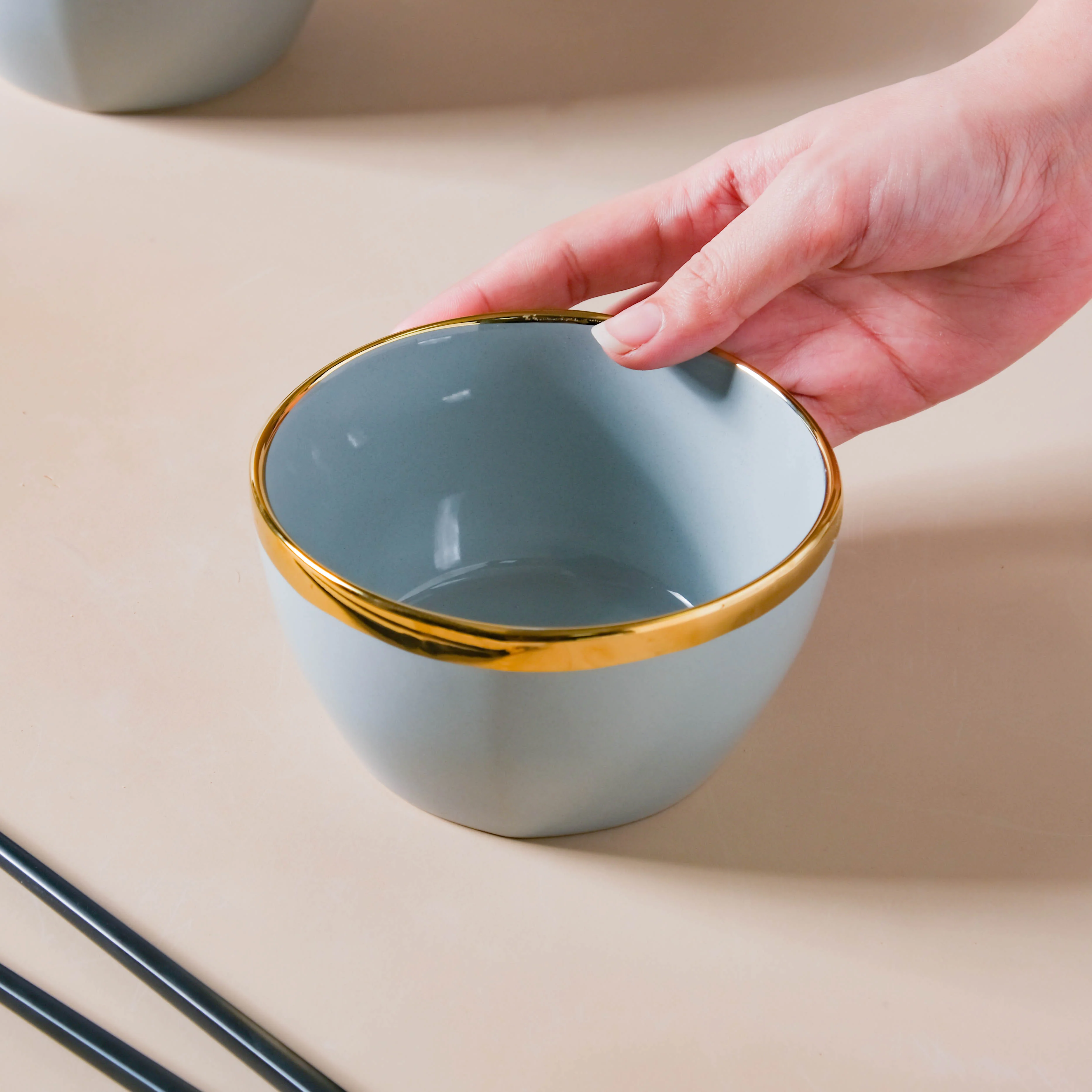 Gorgeous Grey Snack Bowl Set Of 4 With Chopsticks And Soup Spoons - Image 2