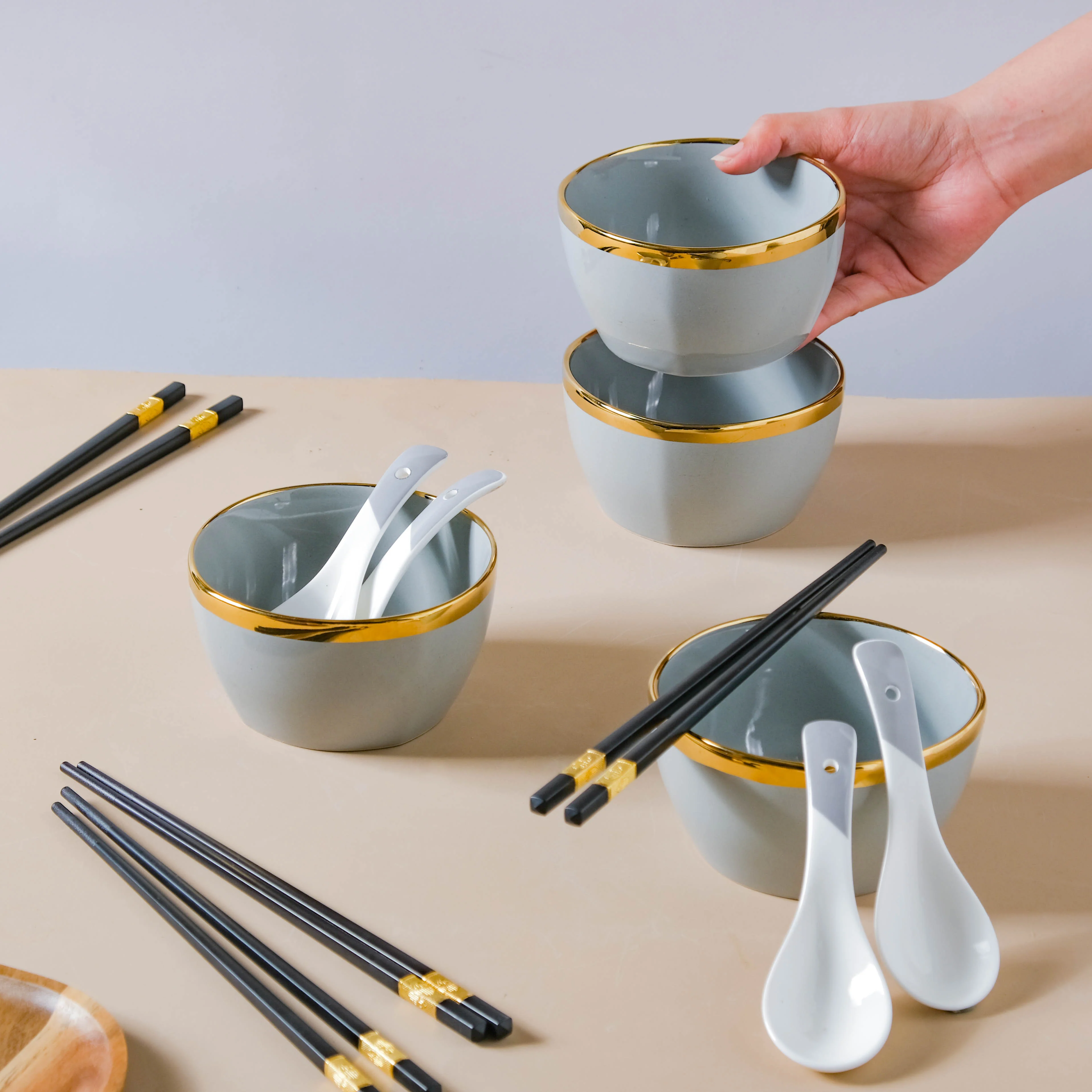Gorgeous Grey Snack Bowl Set Of 4 With Chopsticks And Soup Spoons - Image 3