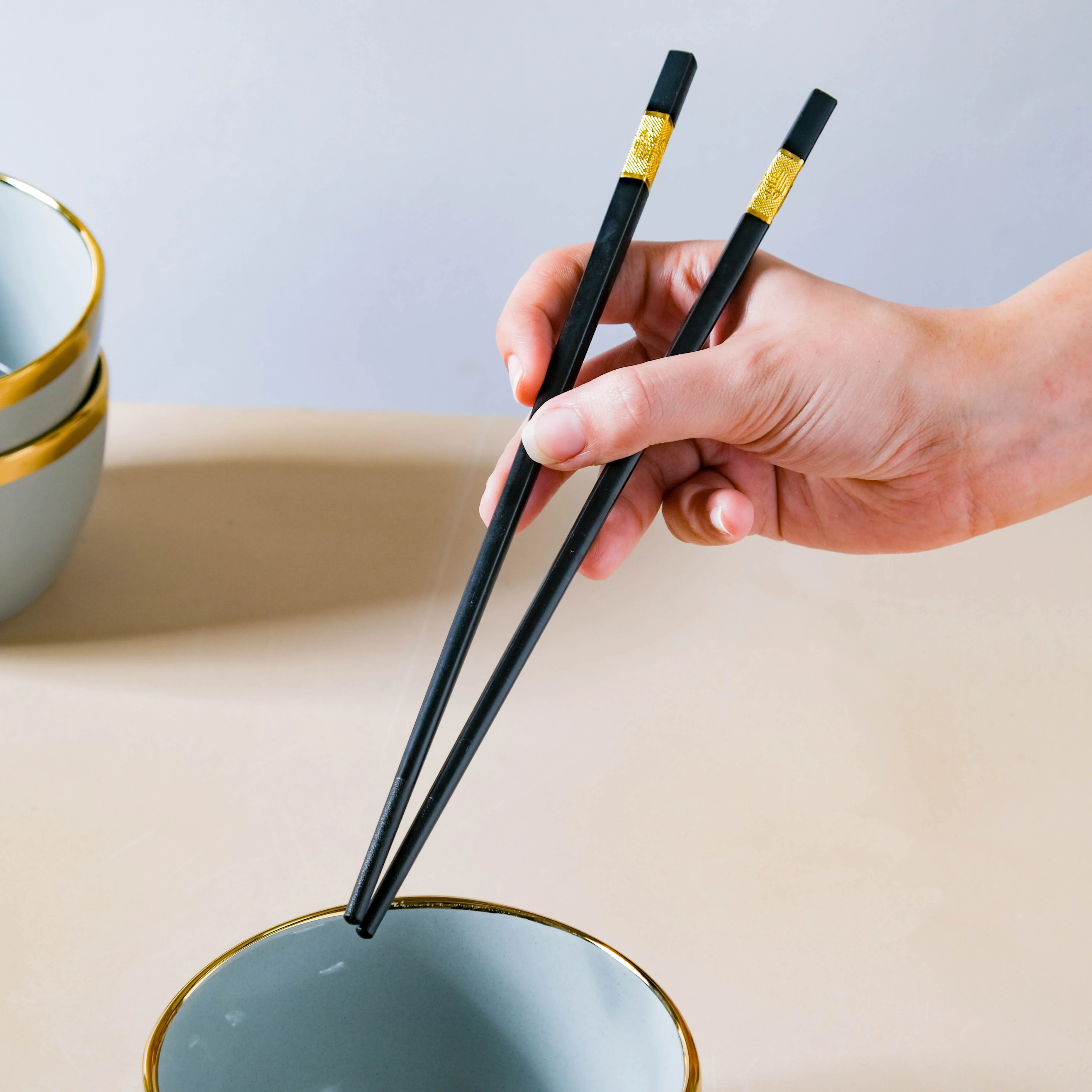 Gorgeous Grey Snack Bowl Set Of 4 With Chopsticks And Soup Spoons - Image 5