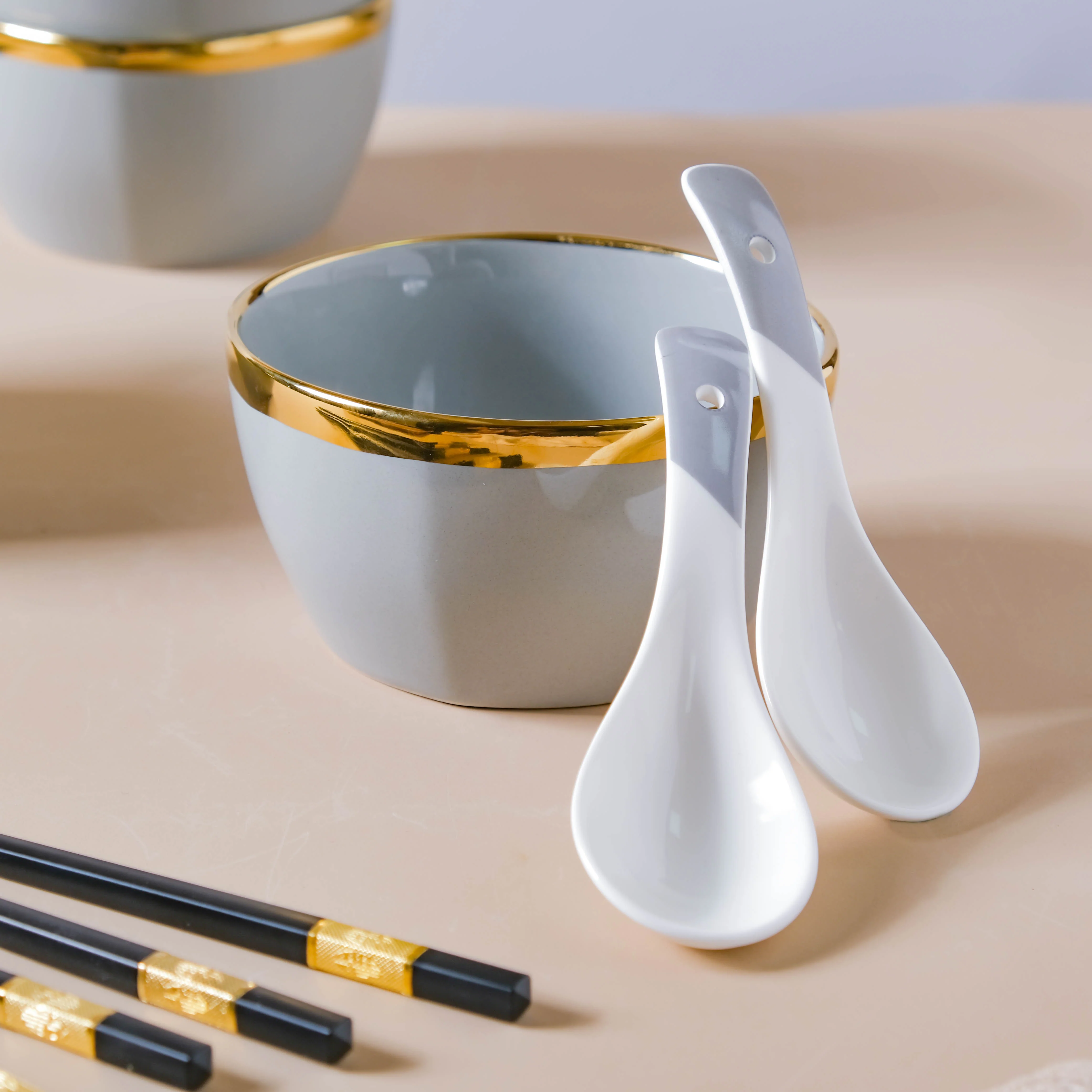 Gorgeous Grey Snack Bowl Set Of 4 With Chopsticks And Soup Spoons - Image 6