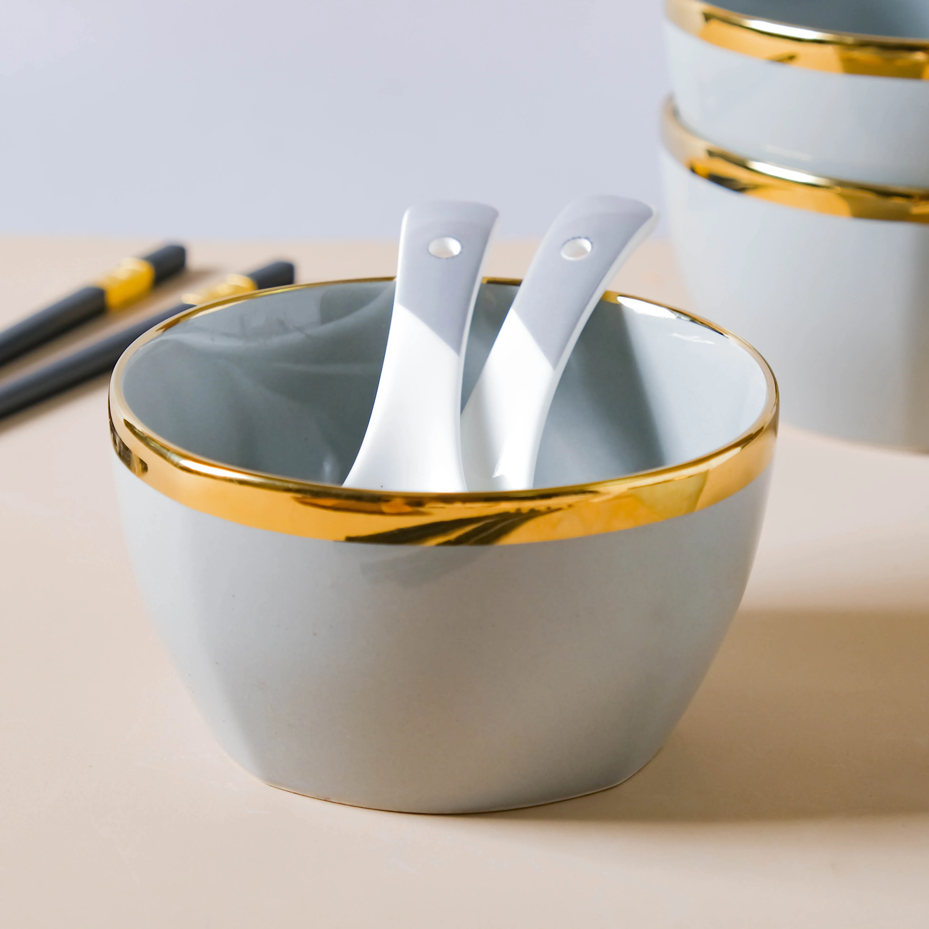Gorgeous Grey Snack Bowl Set Of 4 With Chopsticks And Soup Spoons - Image 7