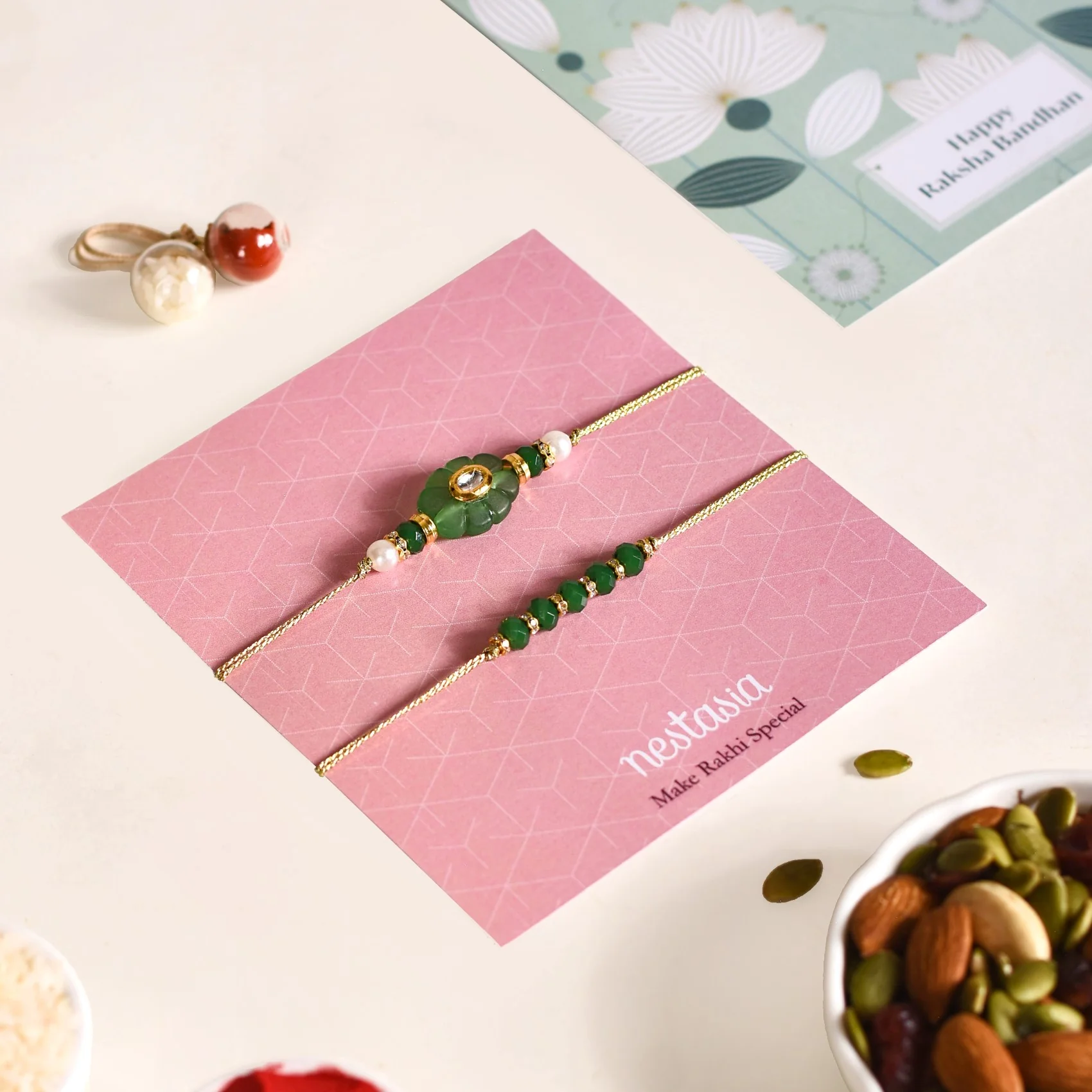 Green Flora Rakhi Set Of 4 With Box And Card - Image 3