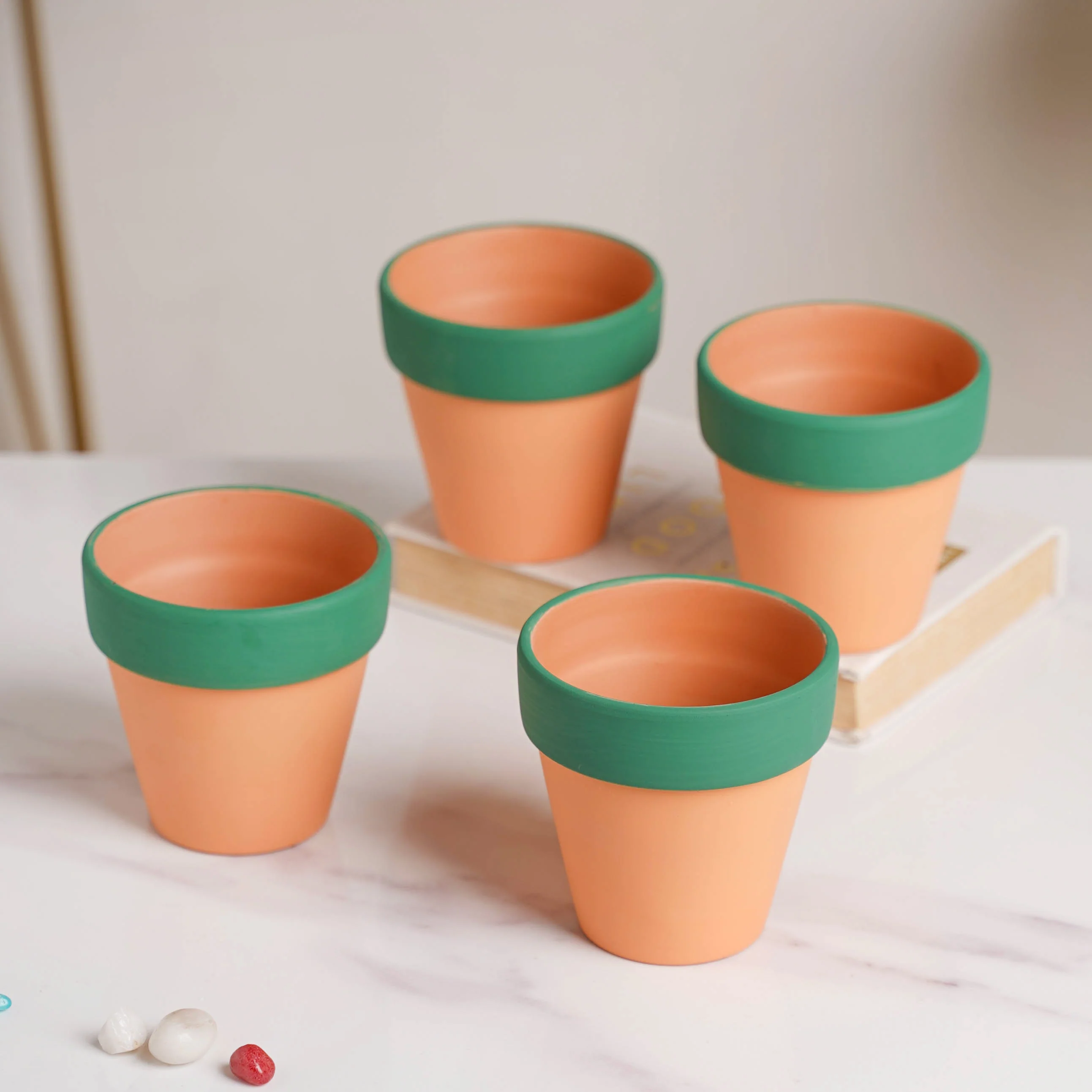 Green Rim Orange Clay Pot Set Of 4 - Image 12