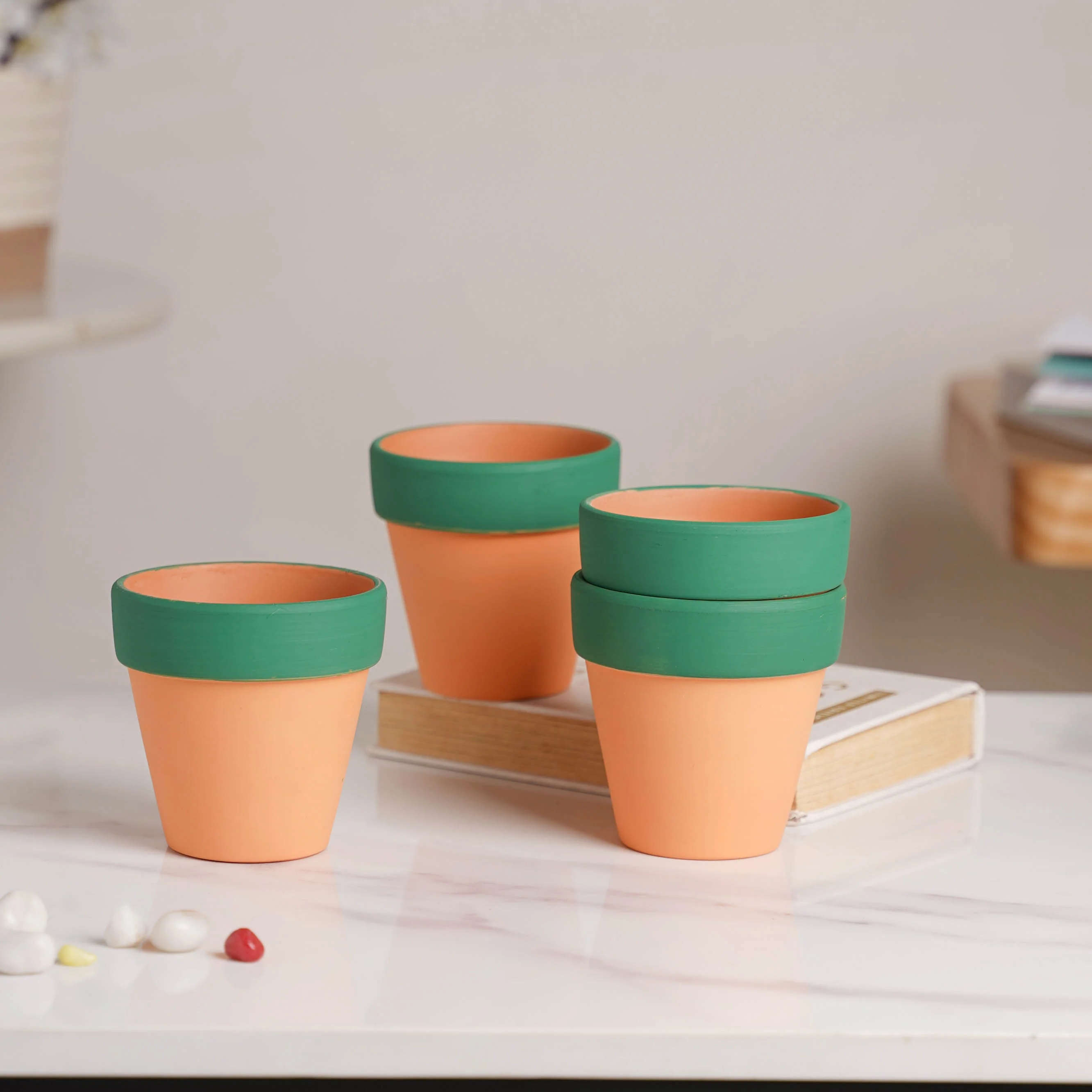 Green Rim Orange Clay Pot Set Of 4 - Image 7
