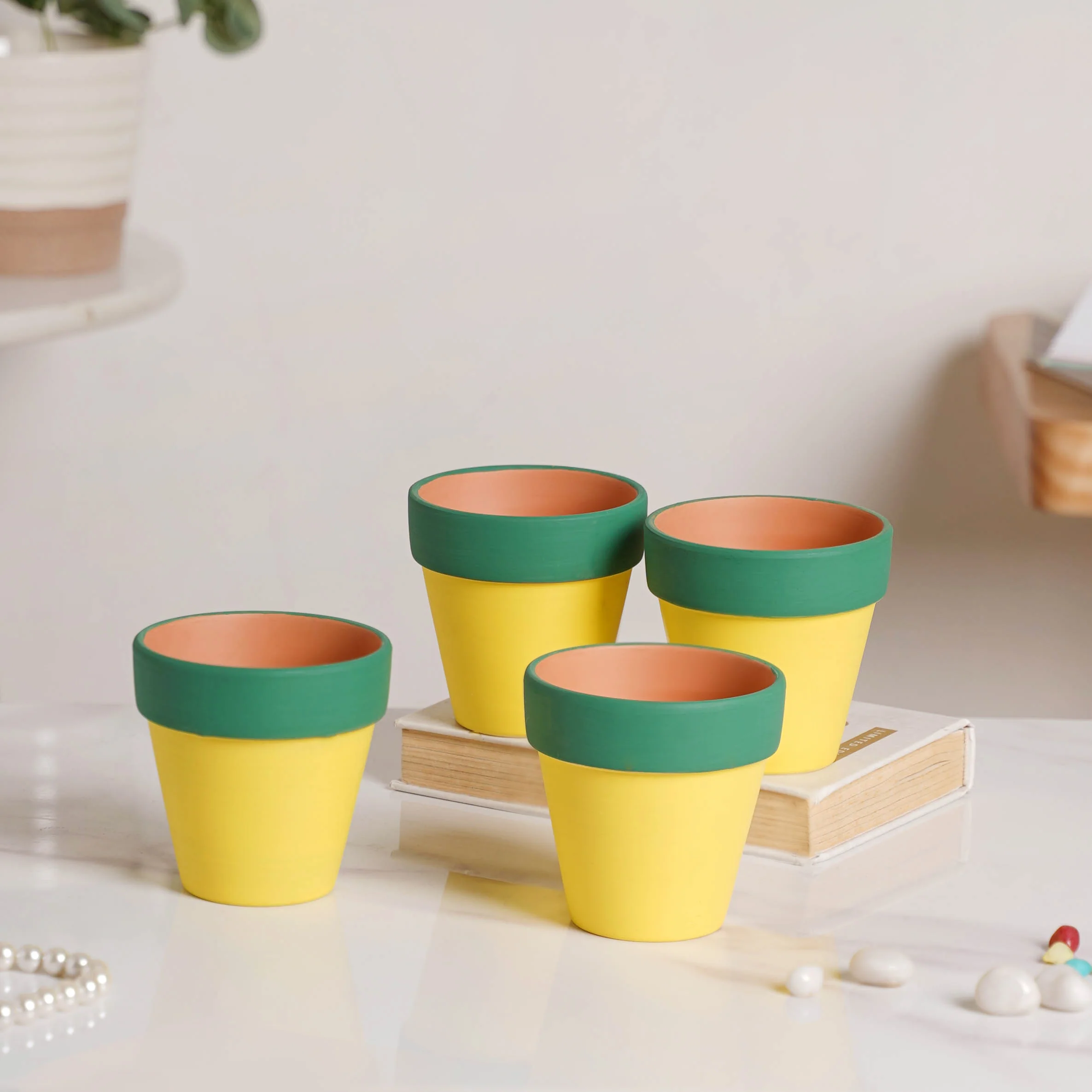 Green Rim Yellow Clay Pot Set Of 4 - Image 3