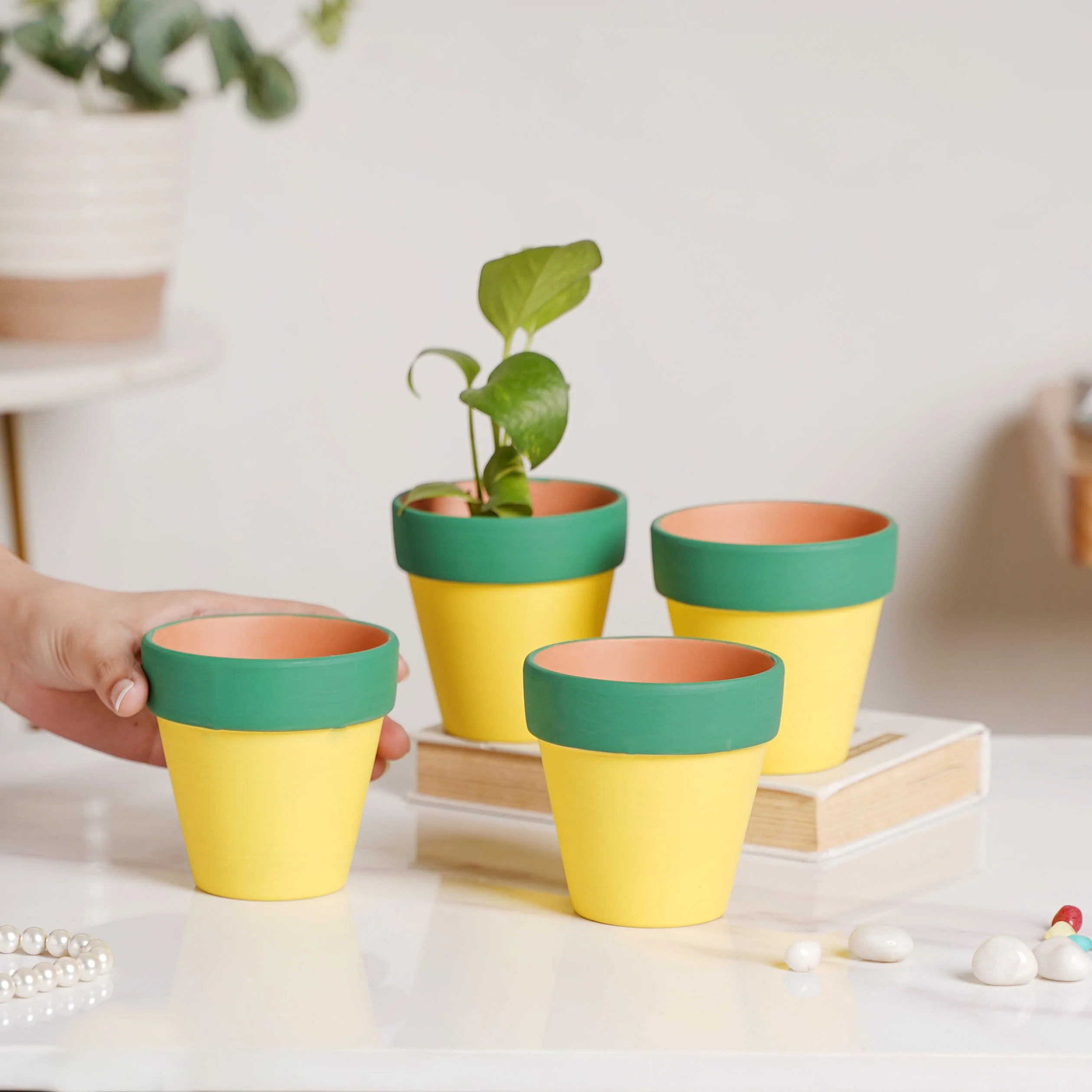 Green Rim Yellow Clay Pot Set Of 4 - Image 4