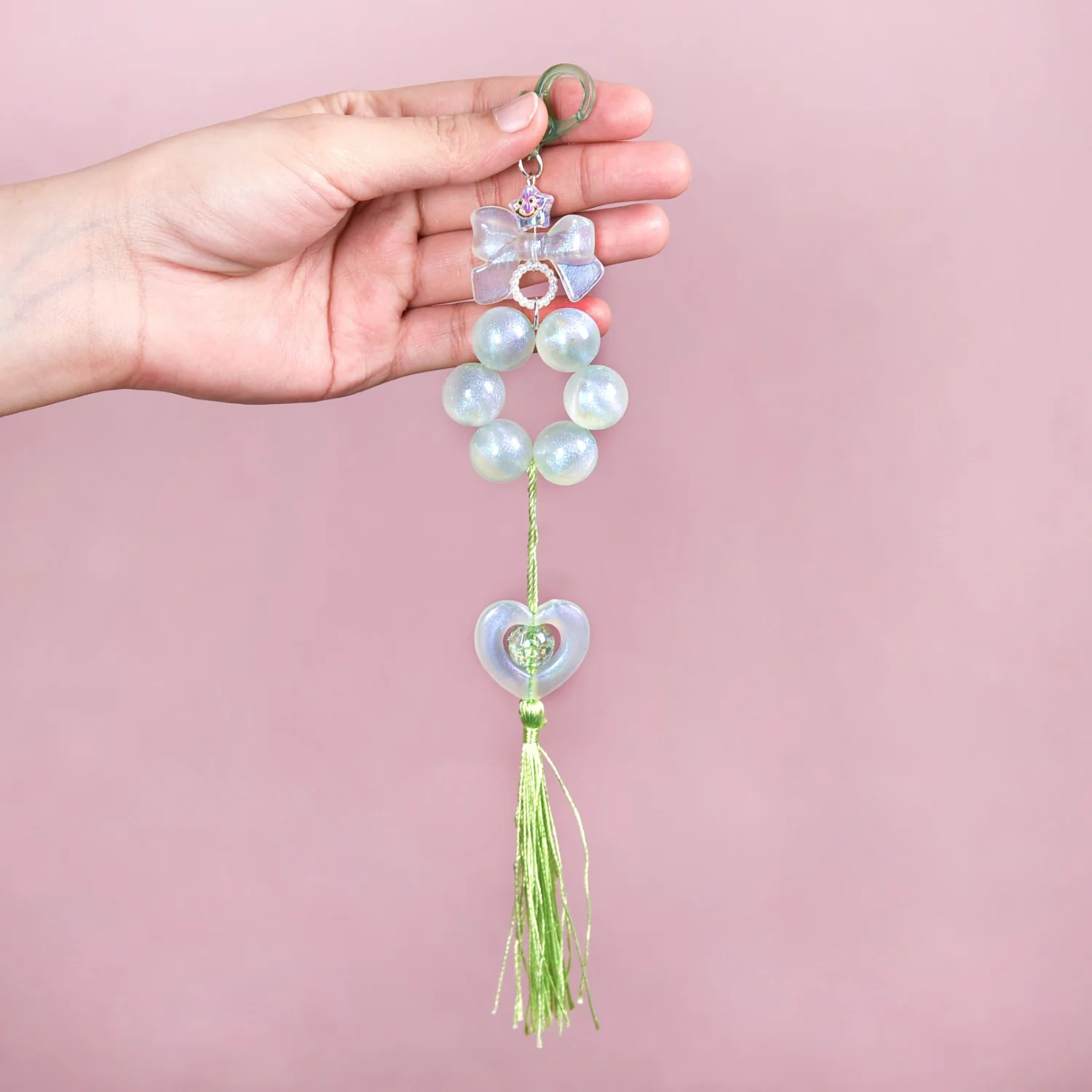Green Tassel Heart Charm Keychain - Image 2