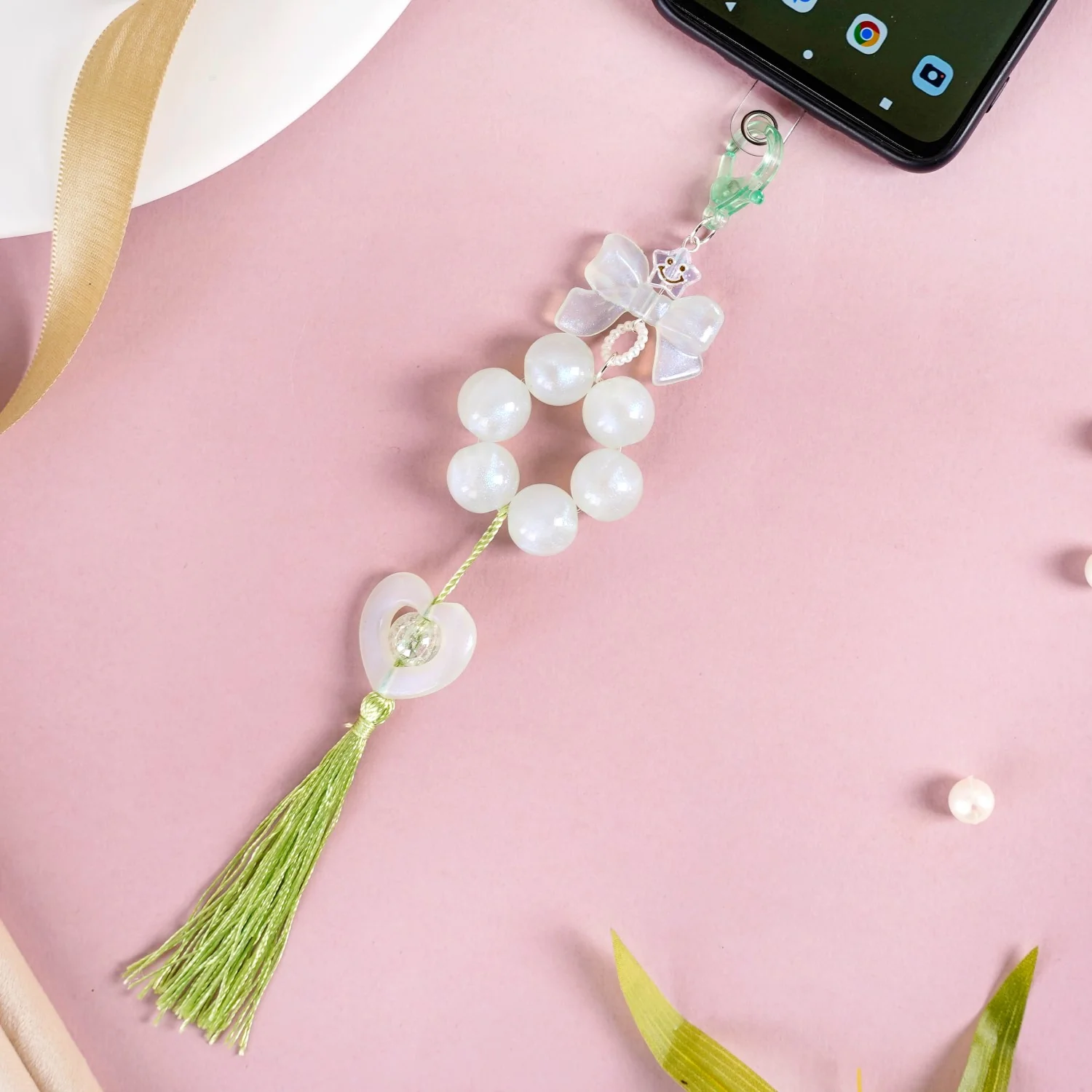 Green Tassel Heart Charm Keychain - Image 7