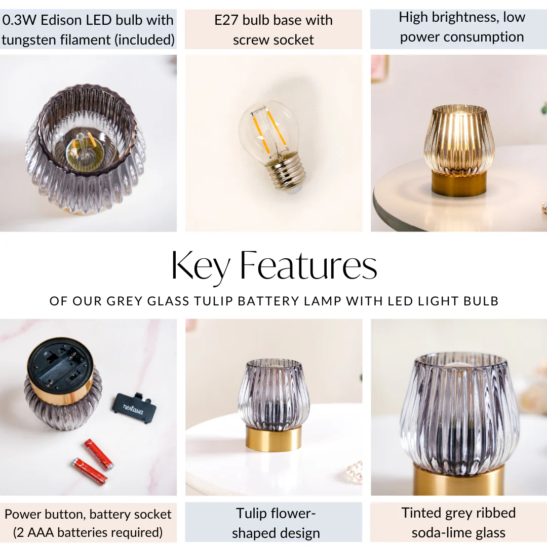 Grey Glass Tulip Battery Lamp With LED Light Bulb - Image 5