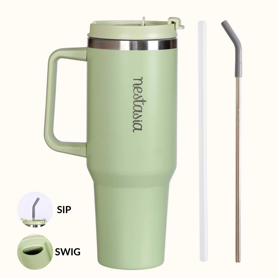 GripSip 40 Insulated Tumbler Bottle With Side Handle Pistachio Cream Green 1200ml