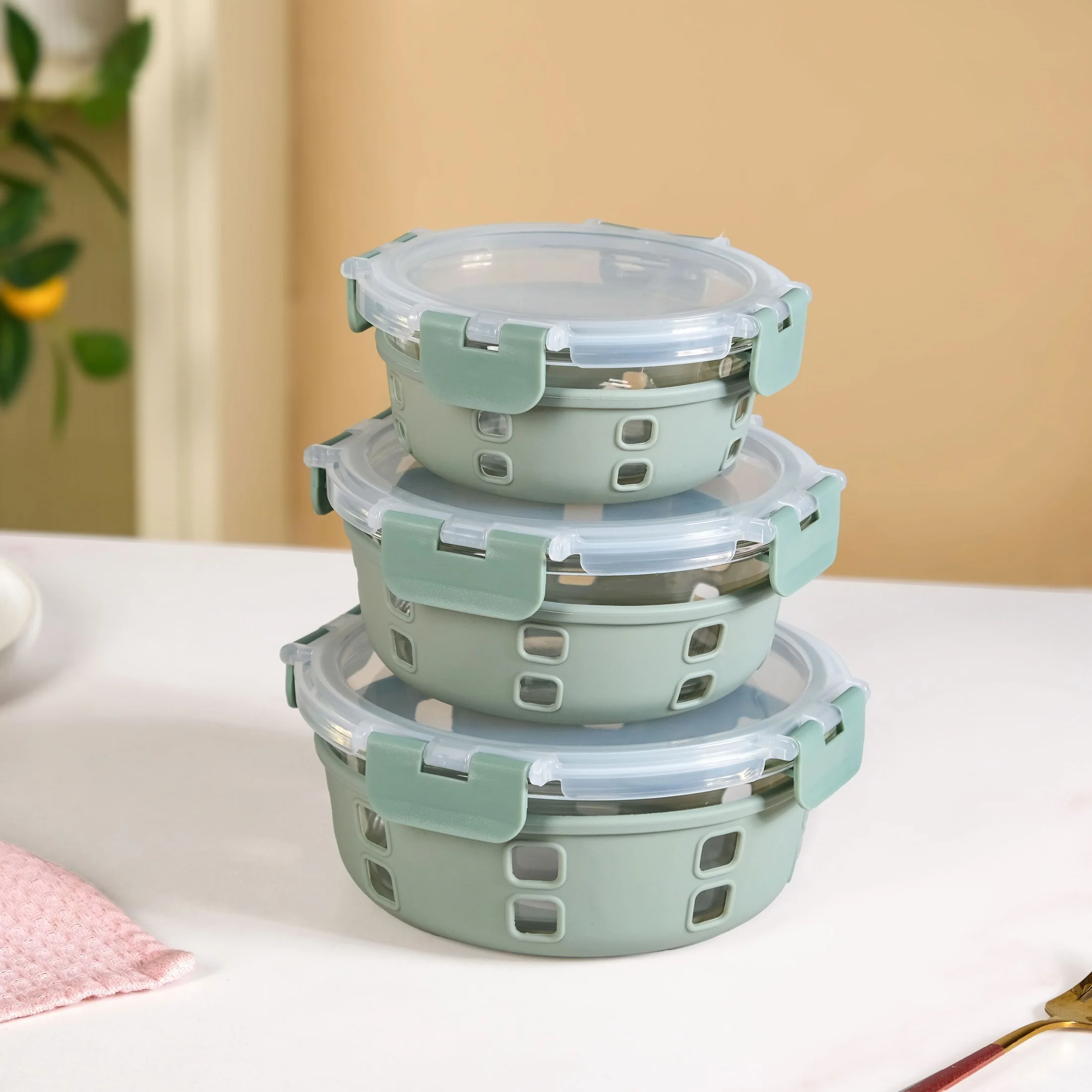 Gripso Borosilicate Glass Lunch Box With Silicone Sleeves Set Of 3 Sage Green S 400ml M 600ml L 950ml