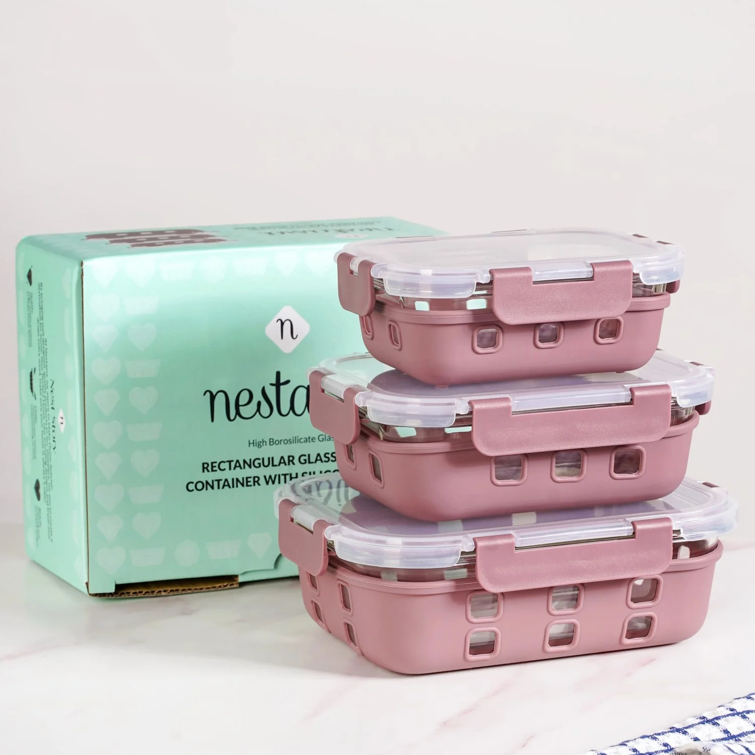 Gripso Glass Lunch Box For Office With Silicone Sleeves Set Of 3 Mauve S 370ml M 600ml L1000ml - Image 2