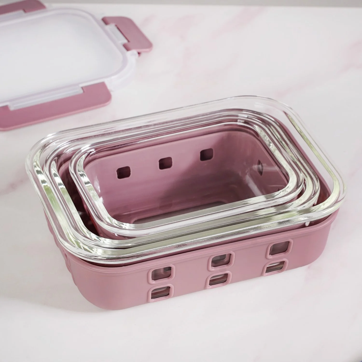 Gripso Glass Lunch Box For Office With Silicone Sleeves Set Of 3 Mauve S 370ml M 600ml L1000ml - Image 8