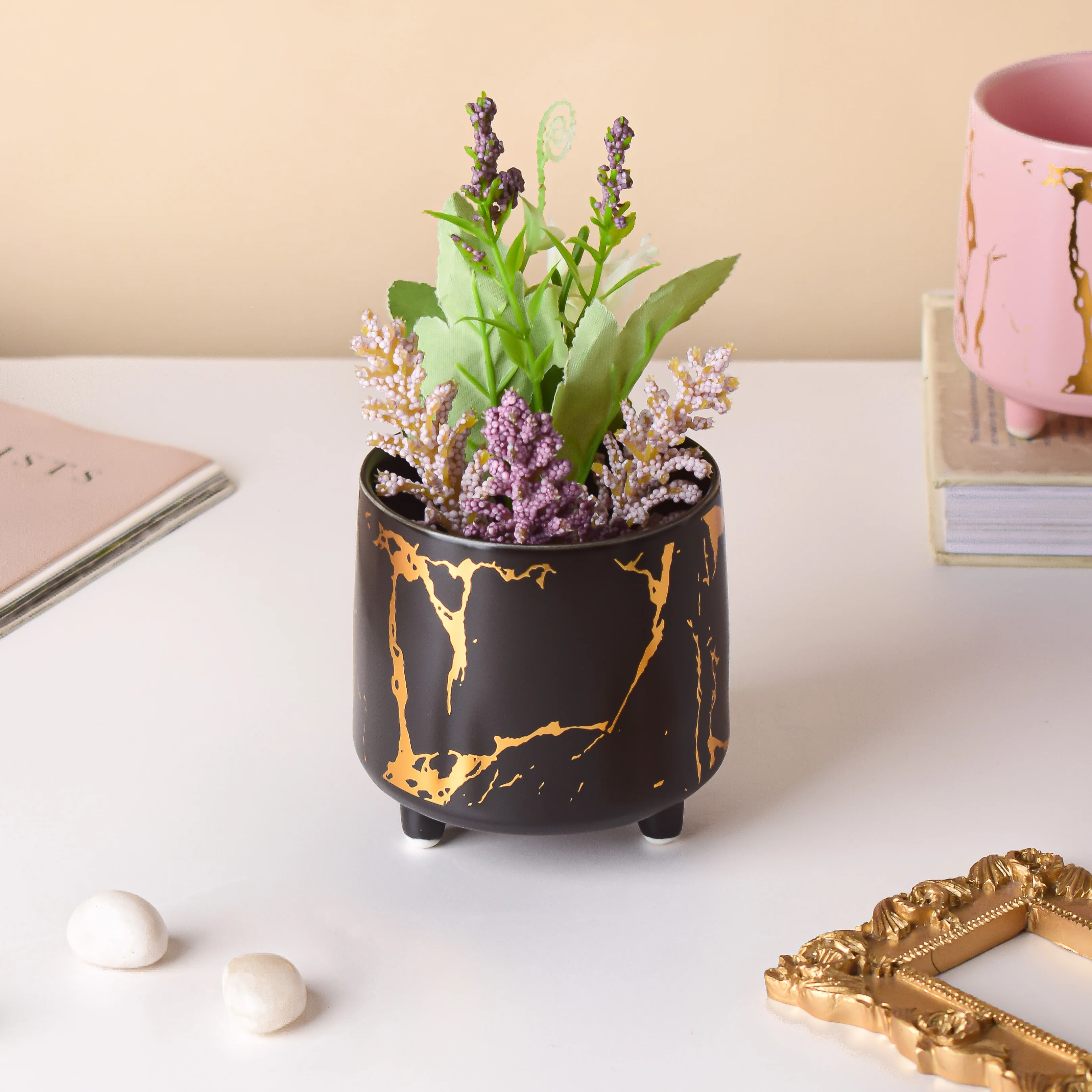 Halcyon Gold Black Marble Ceramic Planter With Legs Small - Image 2
