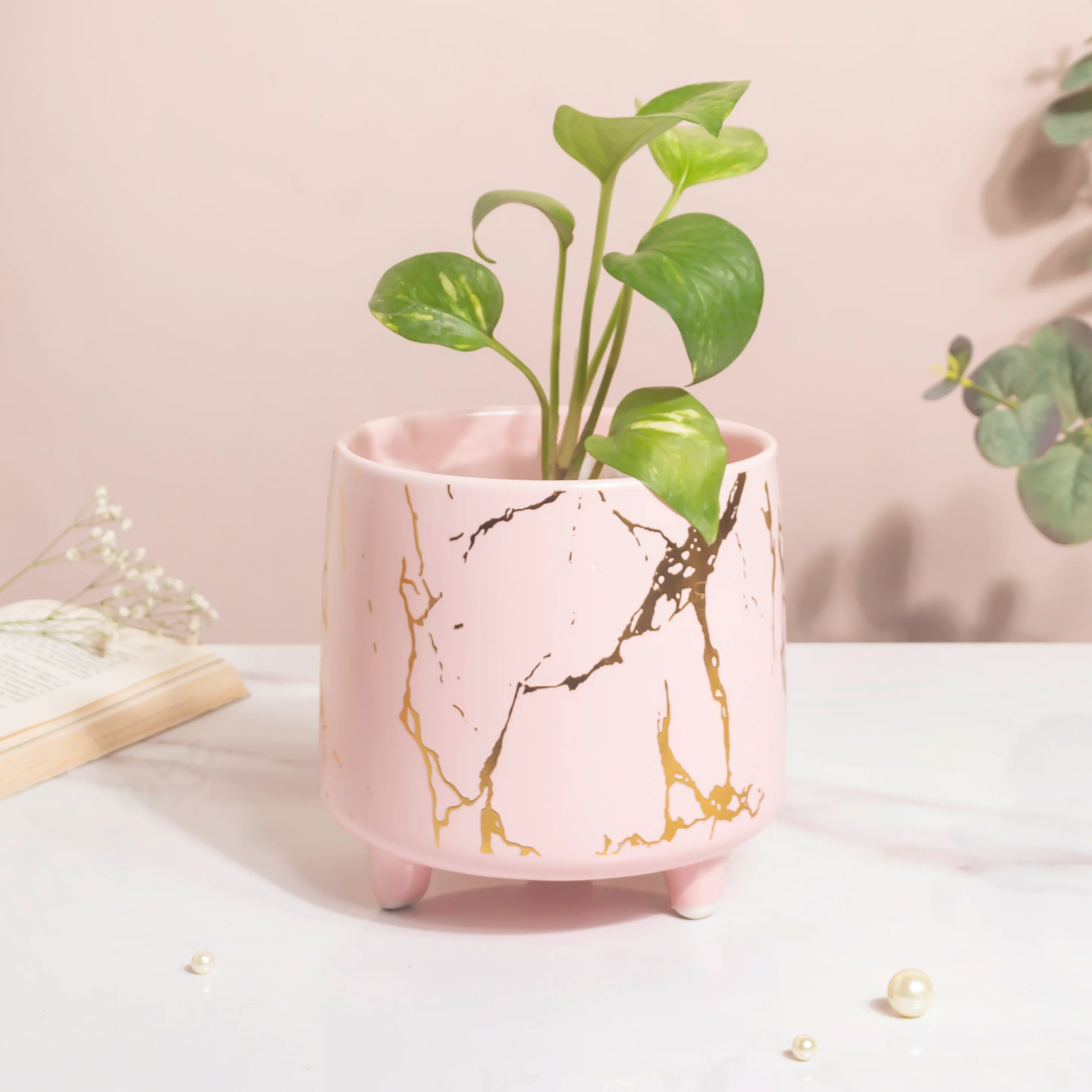 Halcyon Gold Pink Marble Ceramic Planter With Legs Large - Image 2