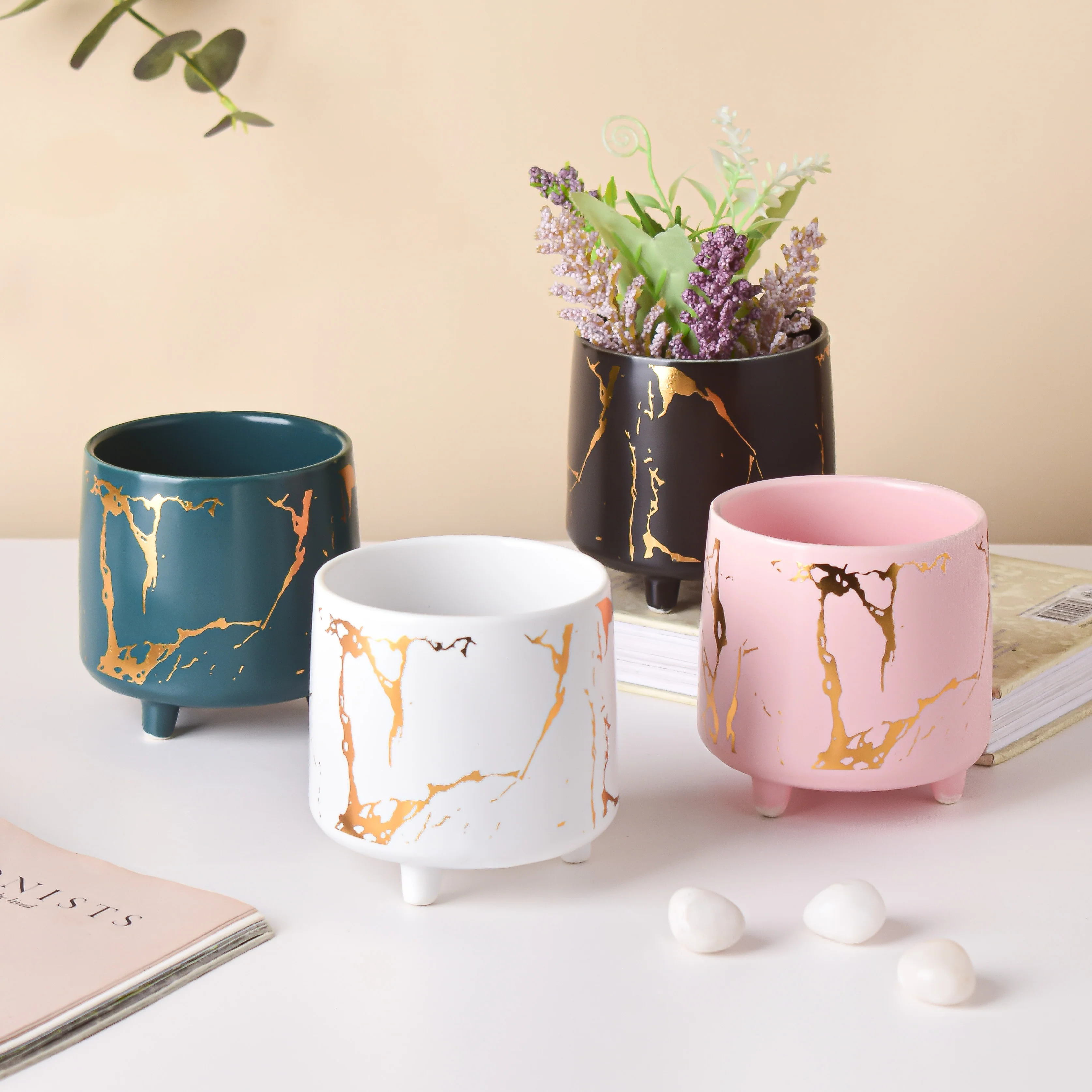 Halcyon Gold White Marble Ceramic Planter With Legs Small - Image 6