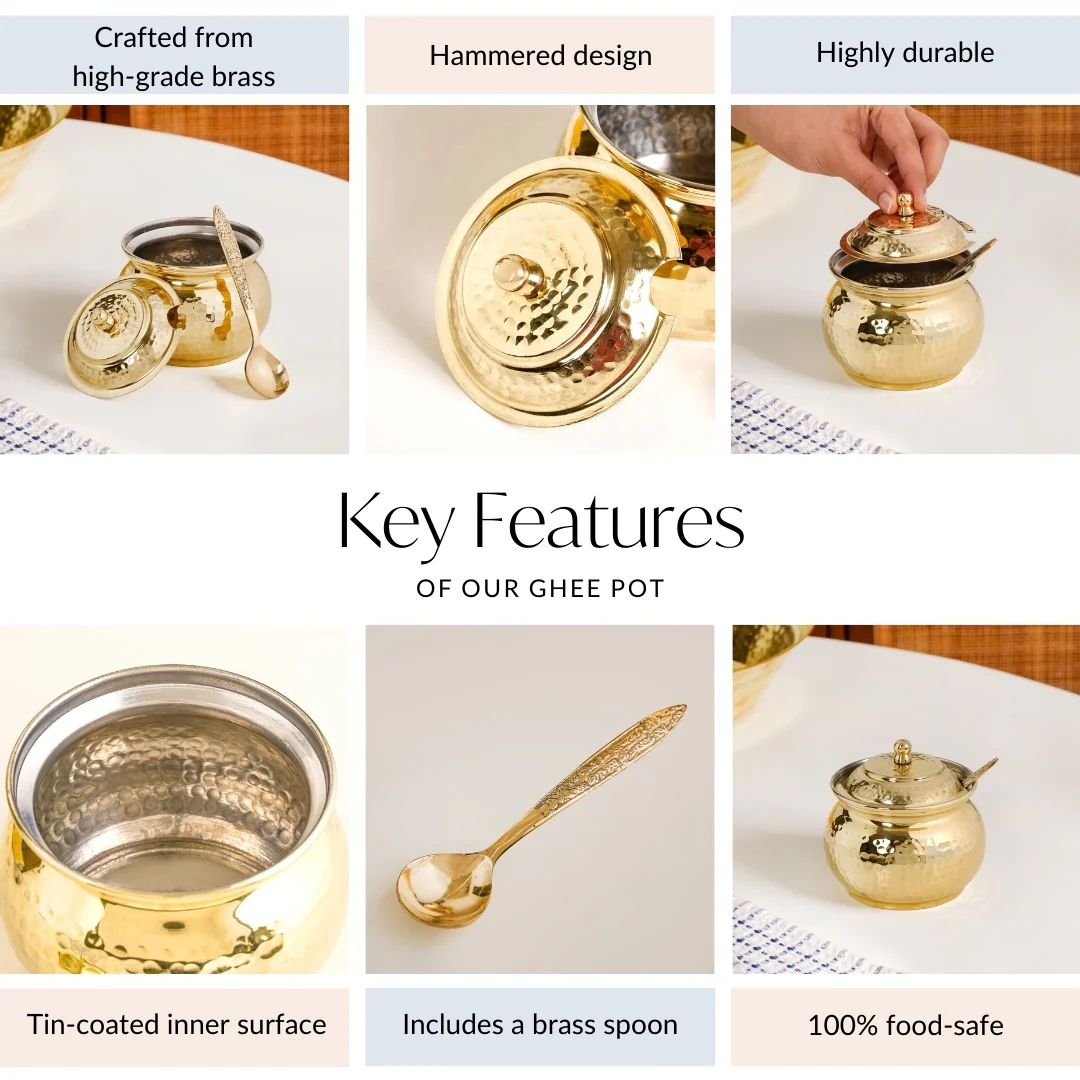 Hammered Pure Brass Ghee Pot With Spoon 400ml - Image 6