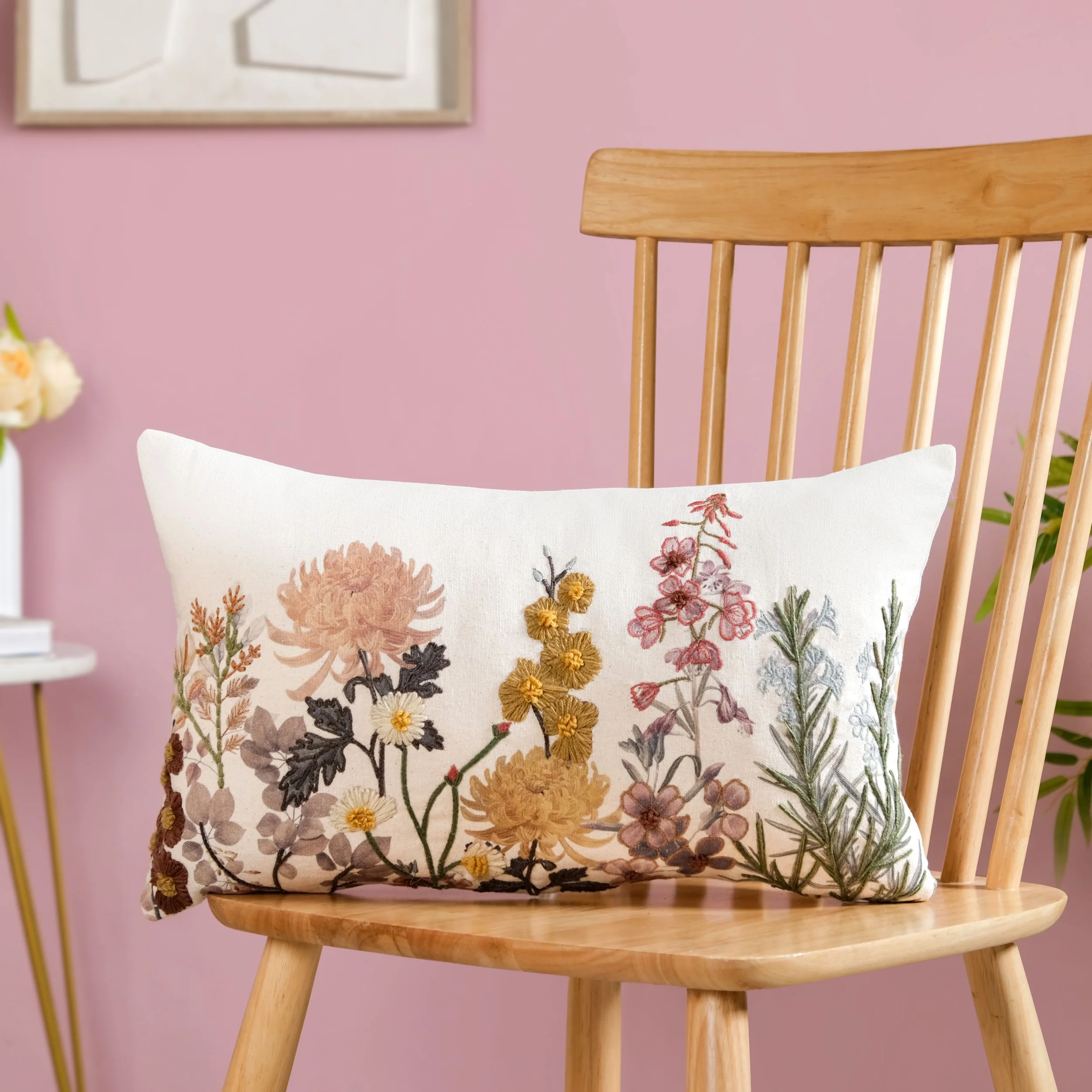 Hand Embroidered Botanica Cotton Cushion Cover 50x30cm