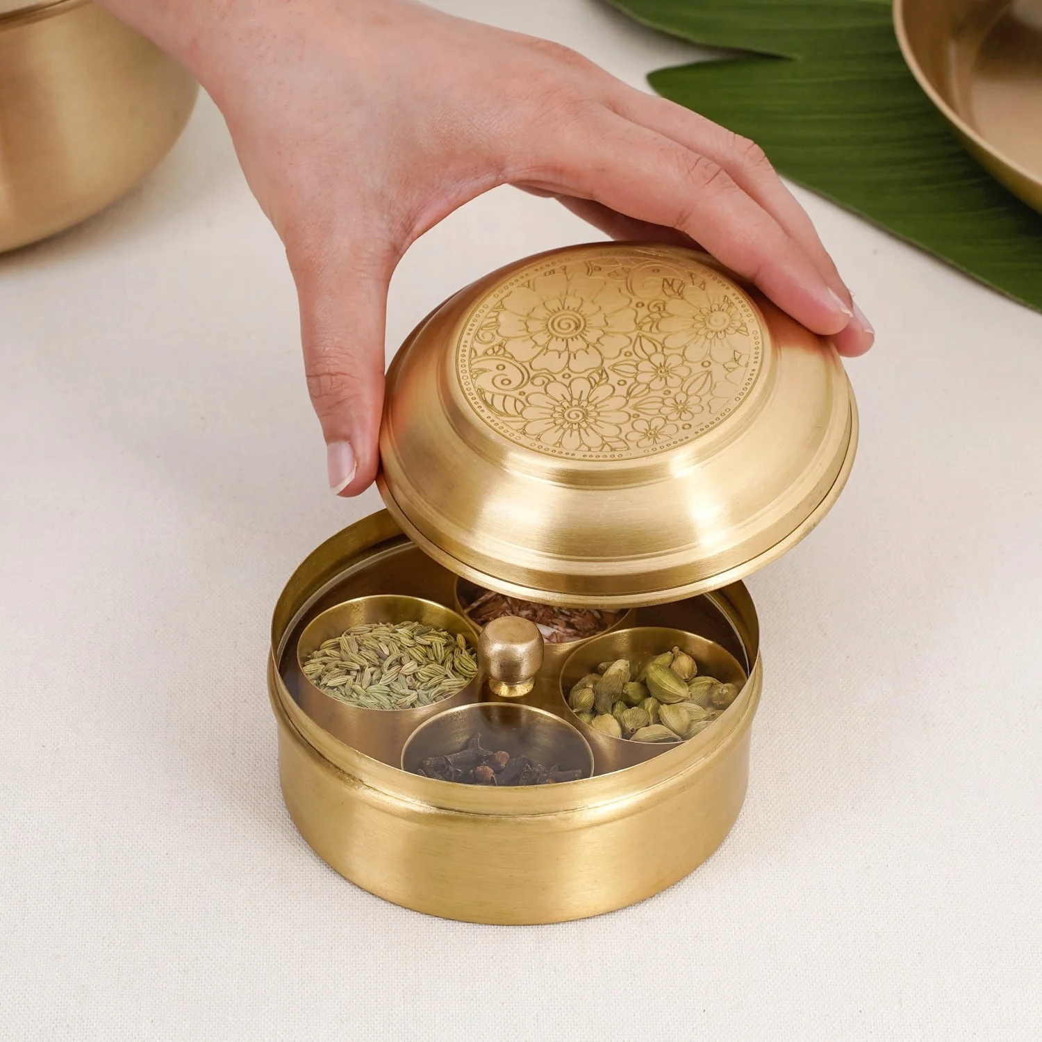 Handcrafted Brass Marigold Mukhwas Box – Spice & Mouth Freshener Holder - Image 3