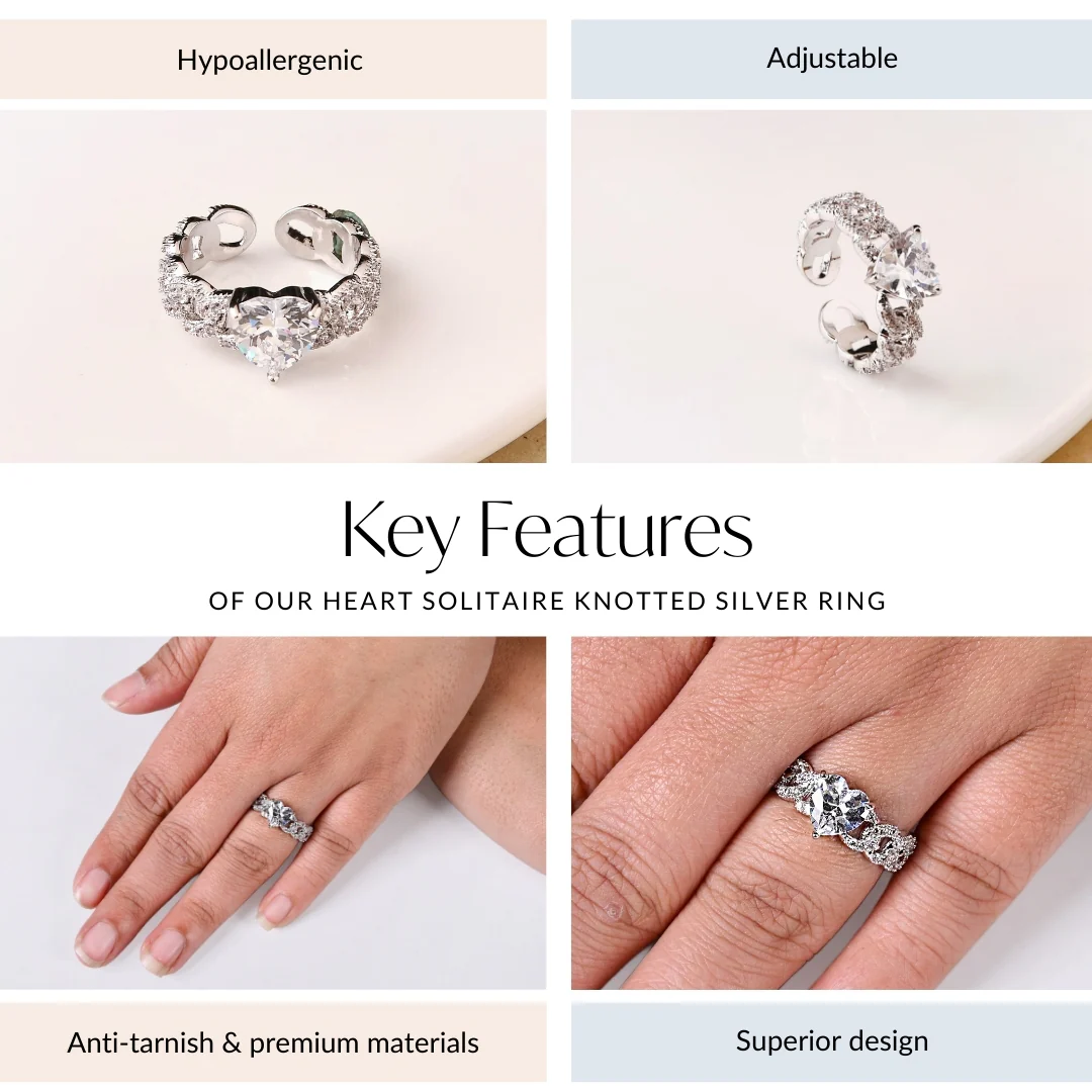 Heart Solitaire Knotted Silver Ring - Image 4