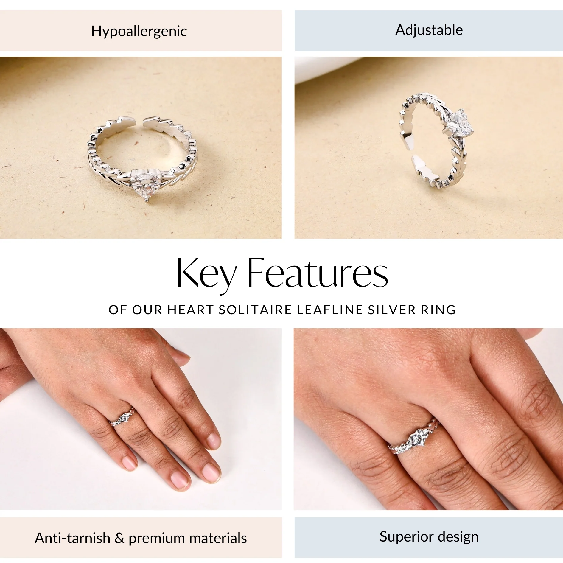 Heart Solitaire Leafline Silver Ring - Image 4