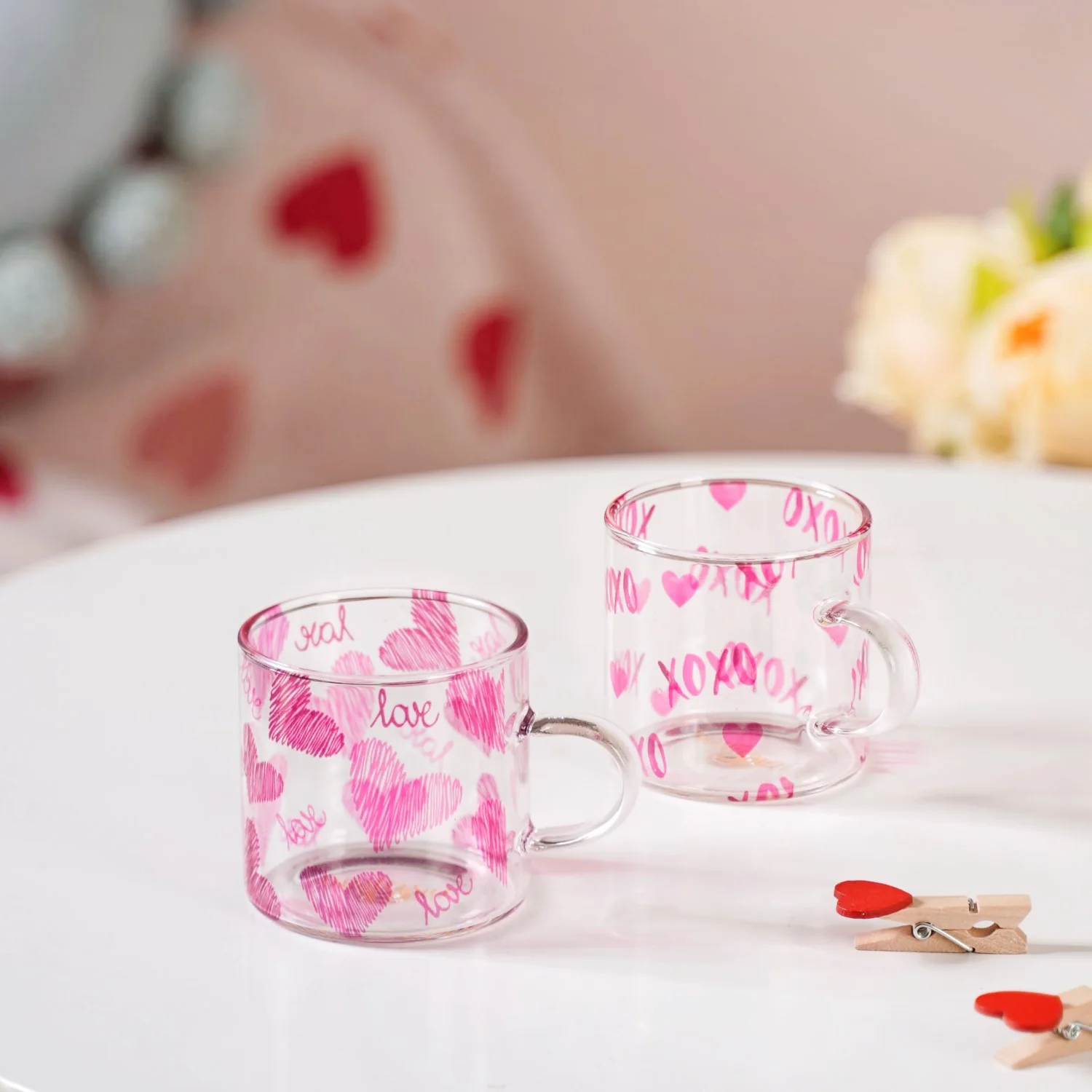 Heart XO Glass Small Size Cup Set Of 2 Pink 140ml - Image 3