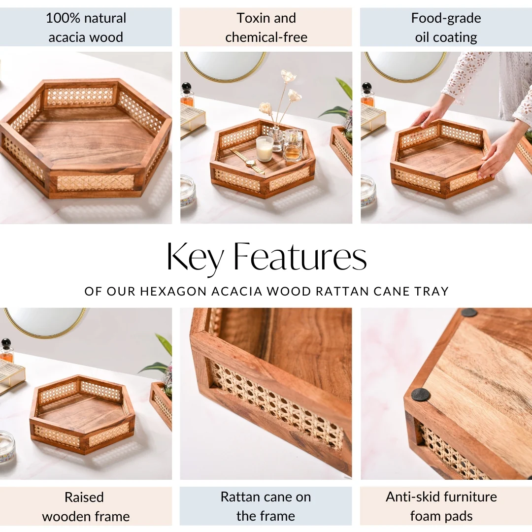 Hexagon Acacia Wood Rattan Cane Tray - Image 5