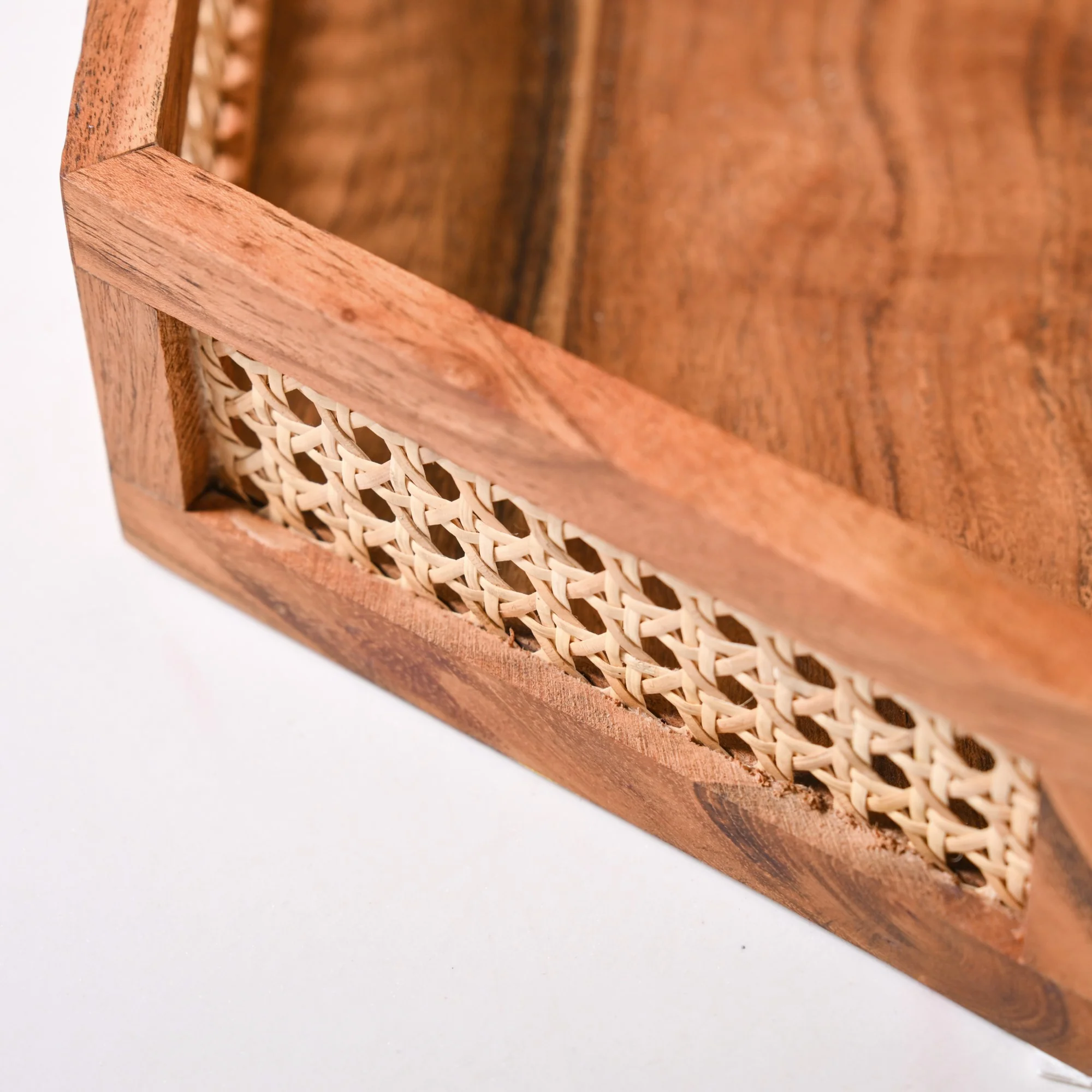 Hexagon Acacia Wood Rattan Cane Tray - Image 6