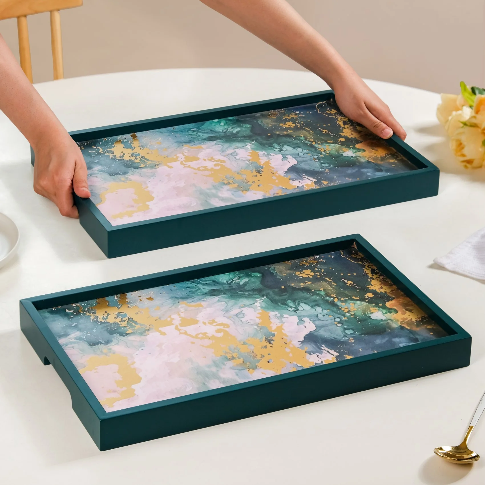 Impressionism Sky Art Tray Set Of 2 Teal Matte Gold - Image 2