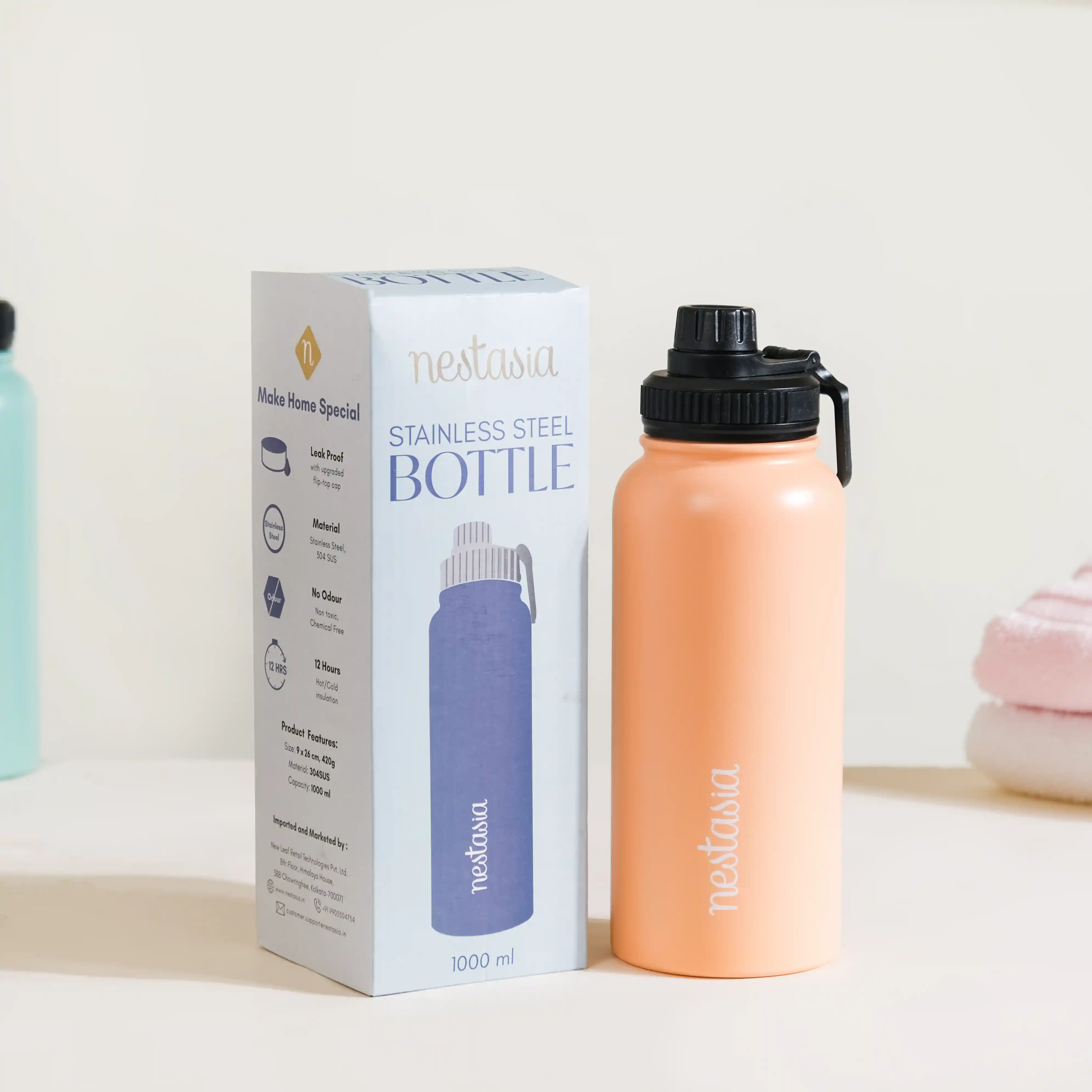 Insulated Thermos Stainless Steel Water Bottle Peach 1L - Image 2