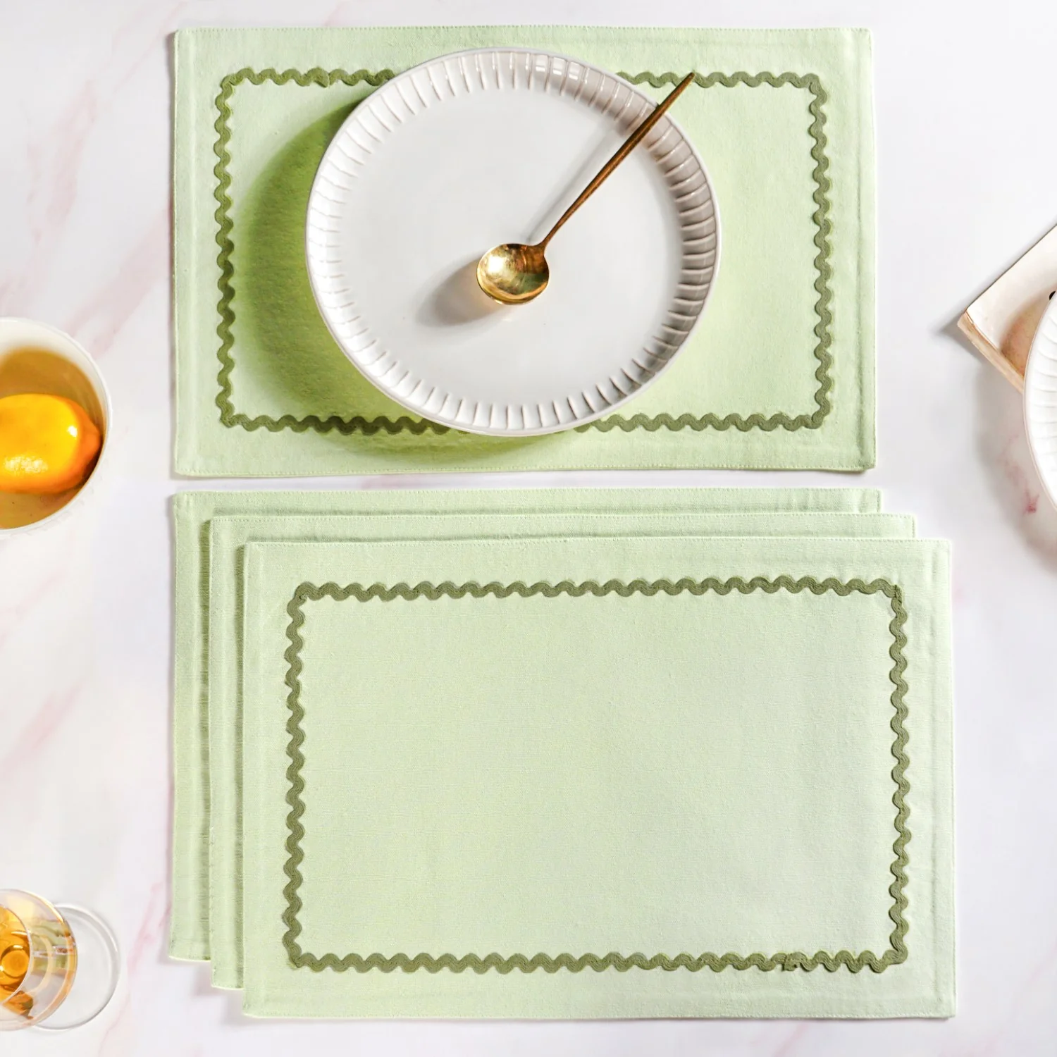 Isabelle Rick Rack Green Cotton Placemat Set Of 4 - Image 2