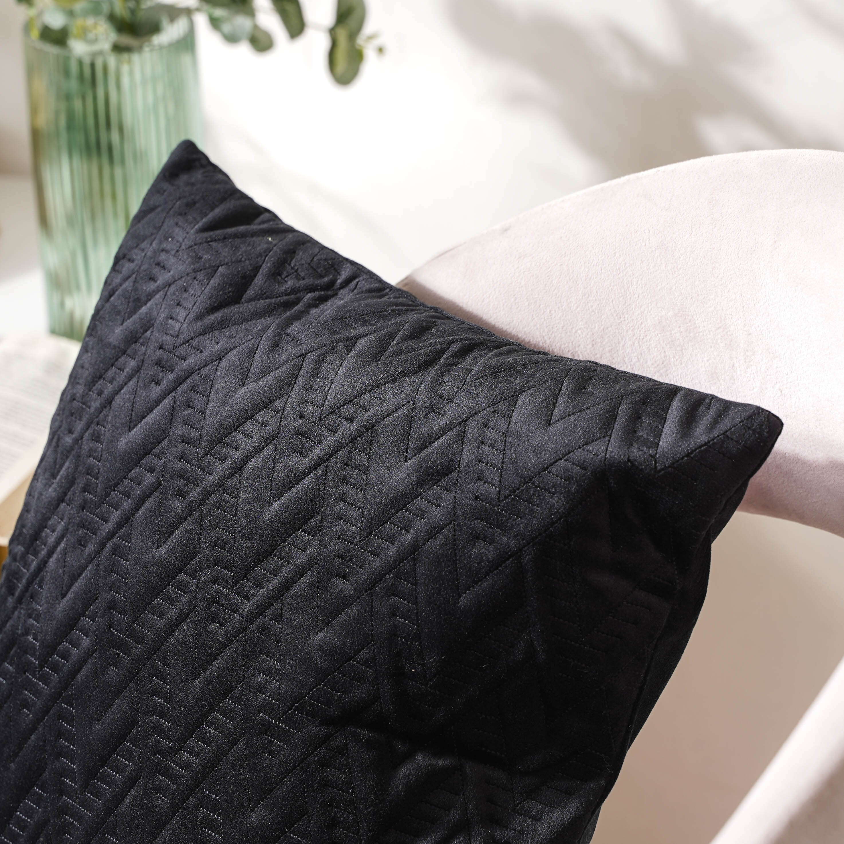 Jet Black Abstract Quilted Velvet Cushion Cover 16 inch - Image 4