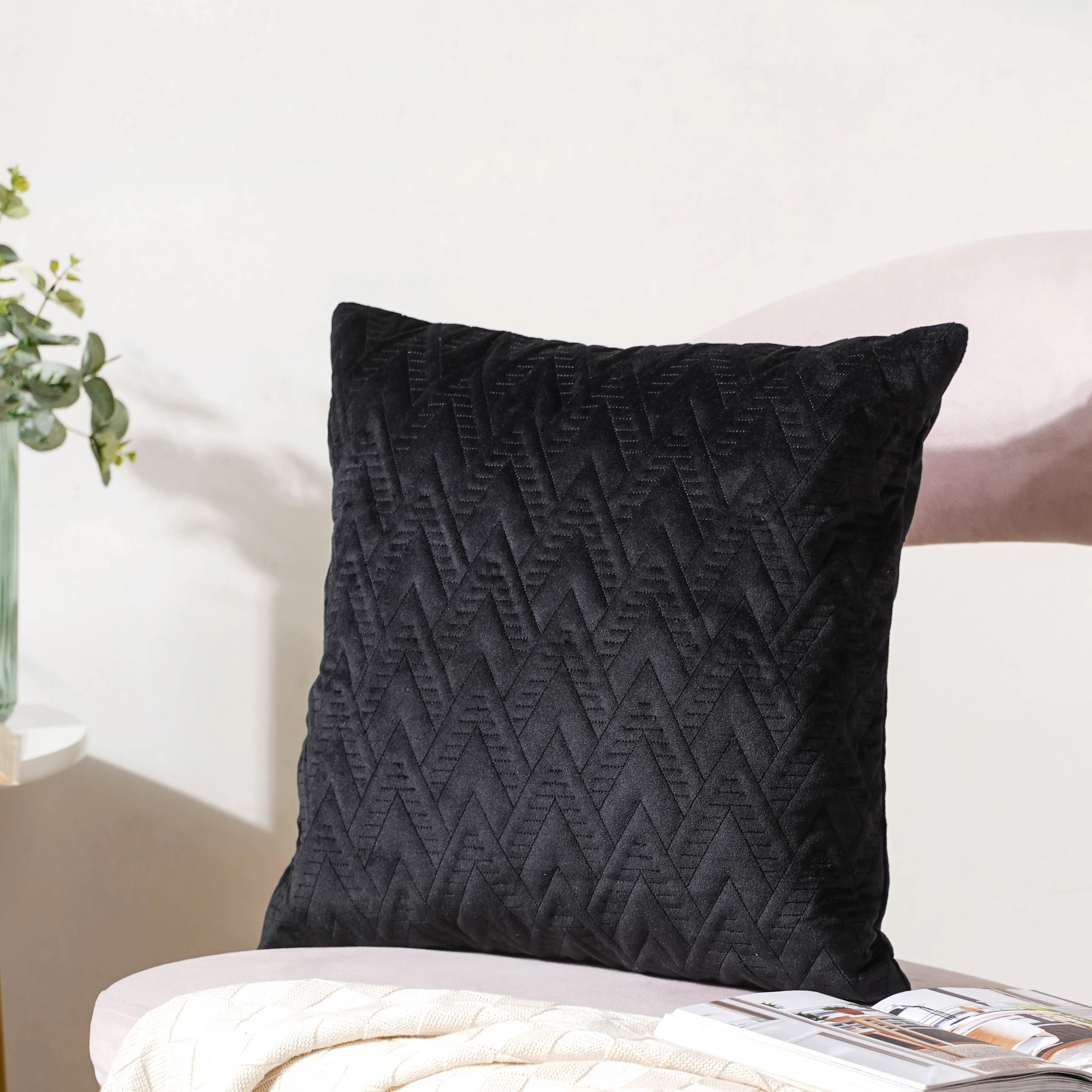 Jet Black Abstract Quilted Velvet Cushion Cover 16 inch - Image 5