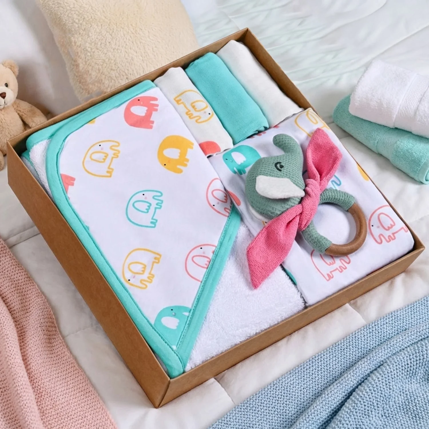 Jumbo Joy Baby Shower Gift With Towel Swaddle Napkin Rattle Set Of 6 - Image 5