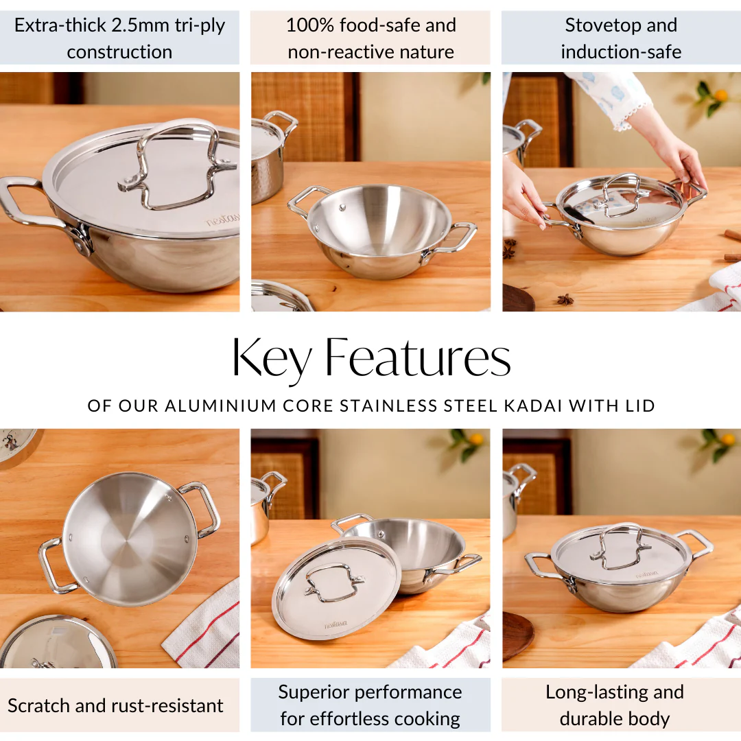 Kadai With Lid Tri Ply Stainless Steel 2250ml - Image 5