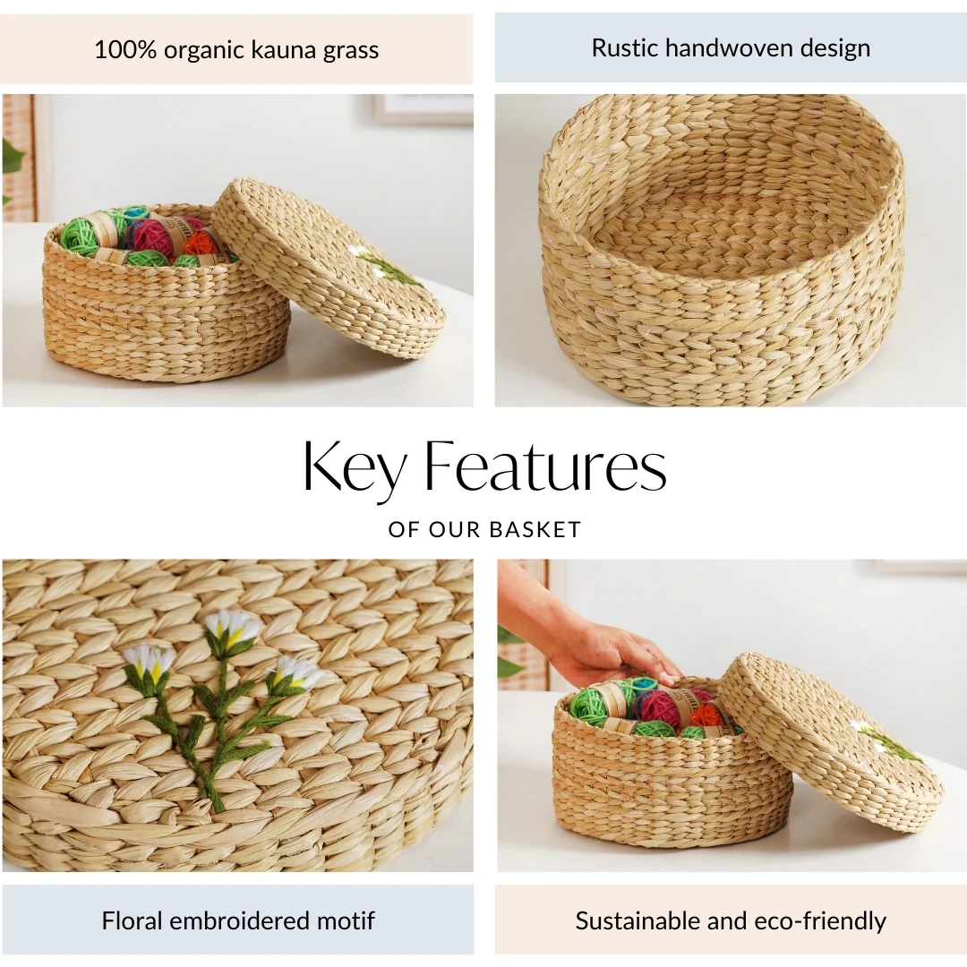 Kauna Round Basket With Lid – Handmade Box With Floral Embroidery - Image 5