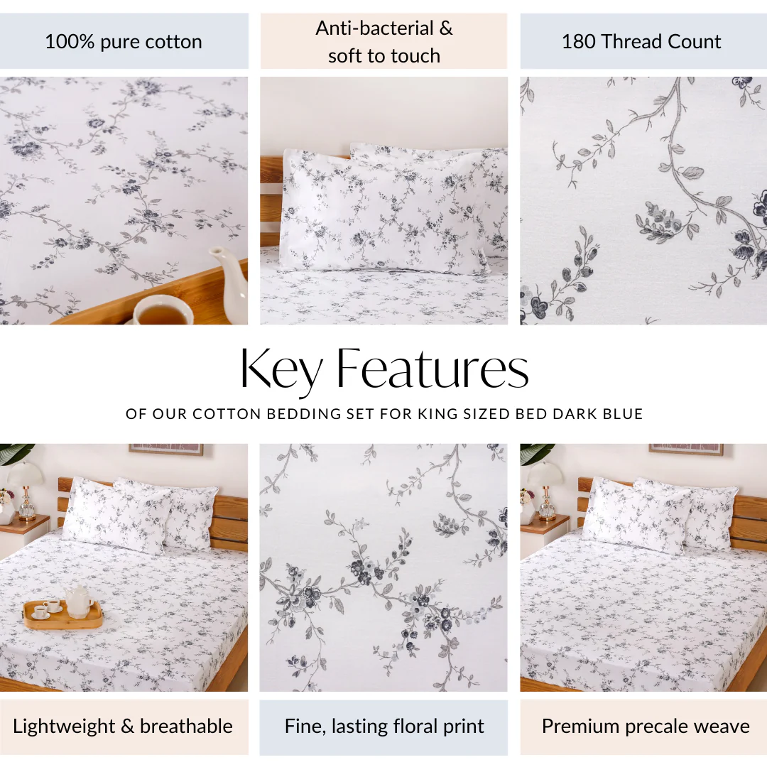 King Size Ultra Soft 100% Pure Cotton Bedding Set Dark Blue 275x275 cm - Image 4