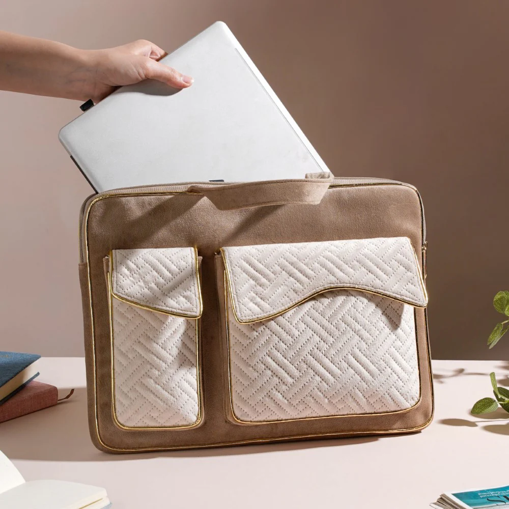 Laptop Bag Luxe Velvet Sleek Beige 14 x 10.5 Inch - Image 3