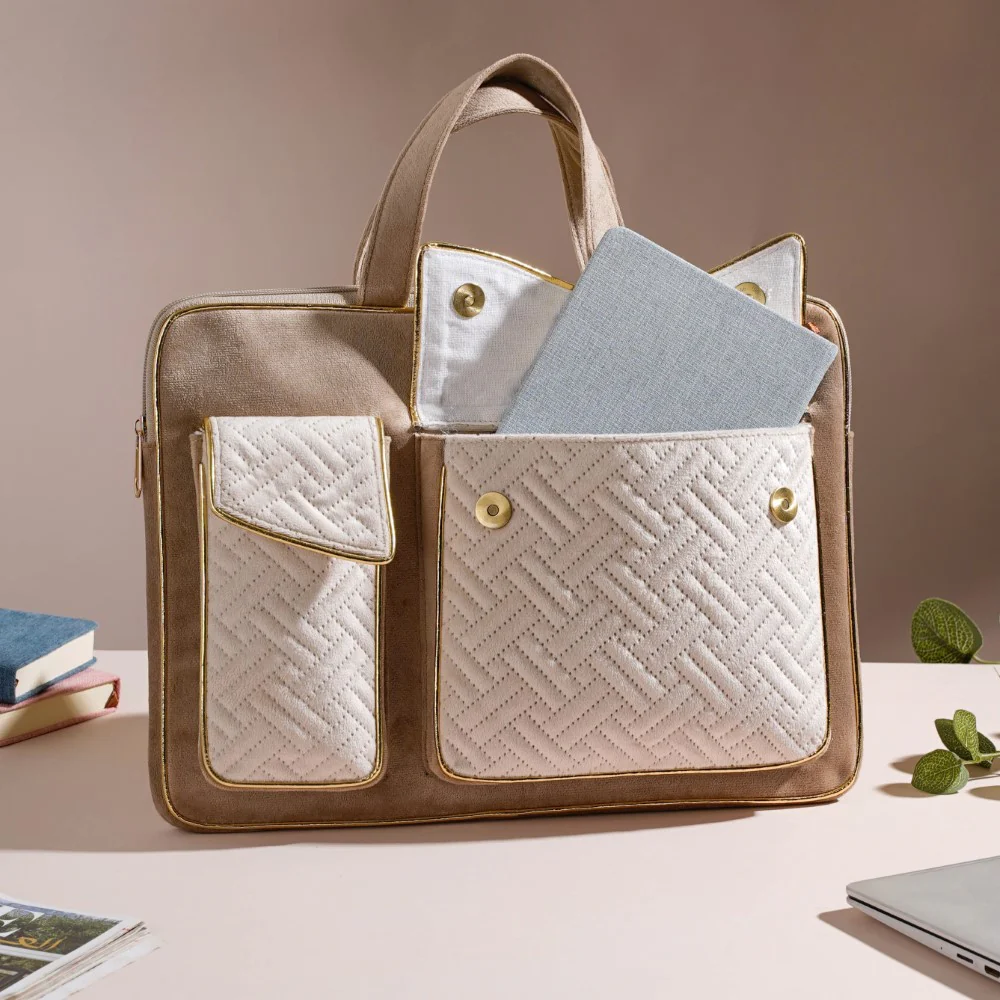 Laptop Bag Luxe Velvet Sleek Beige 14 x 10.5 Inch - Image 4