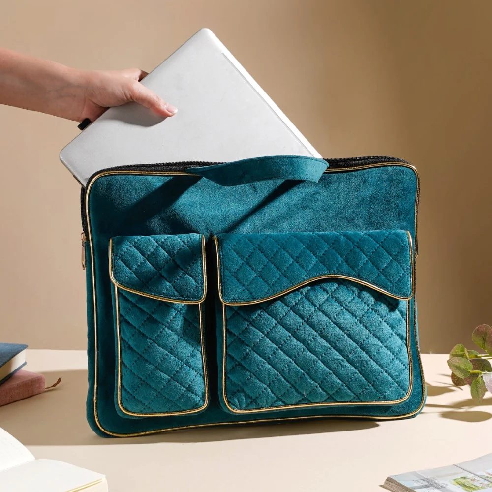 Laptop Bag Luxe Velvet Sleek Dark Green 14 x 10.5 Inch - Image 6