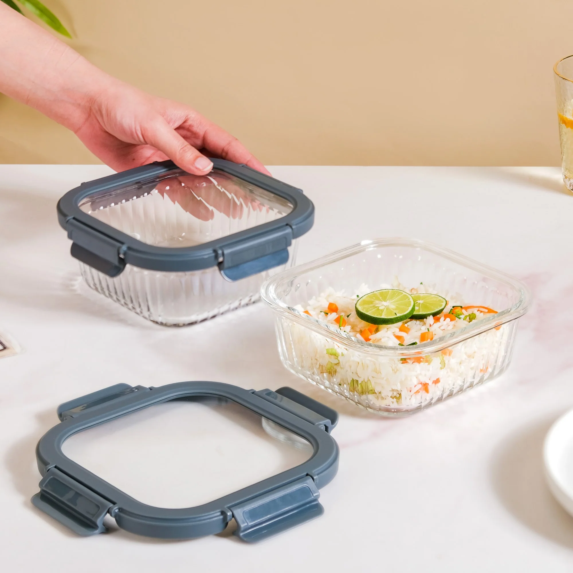 Large Fluted Glass Storage Container With Airtight Lid Set Of 2 800ml - Image 2