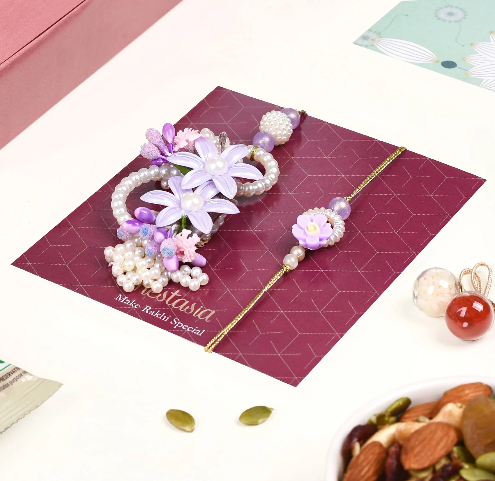 Lavender Pearl Rakhi Lumba Set Of 4 With Gift Box And Card - Image 4